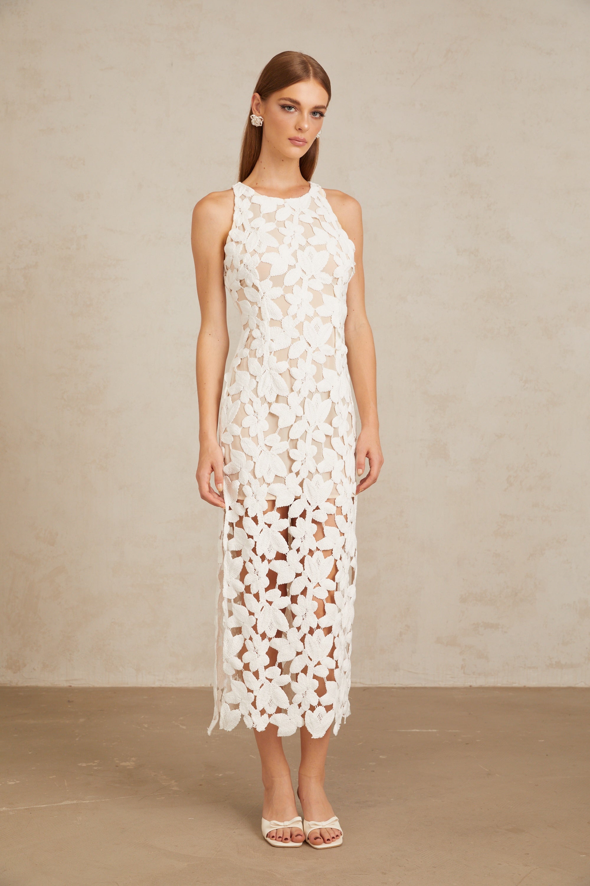 Wilhelmine White Cutout Embroidered Floral Midi Dress