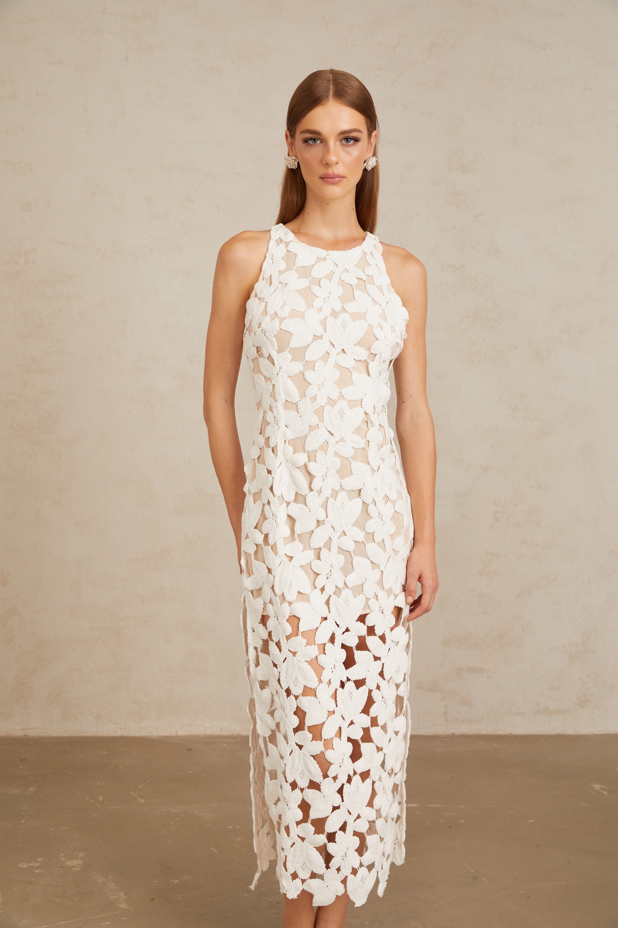Wilhelmine White Cutout Embroidered Floral Midi Dress