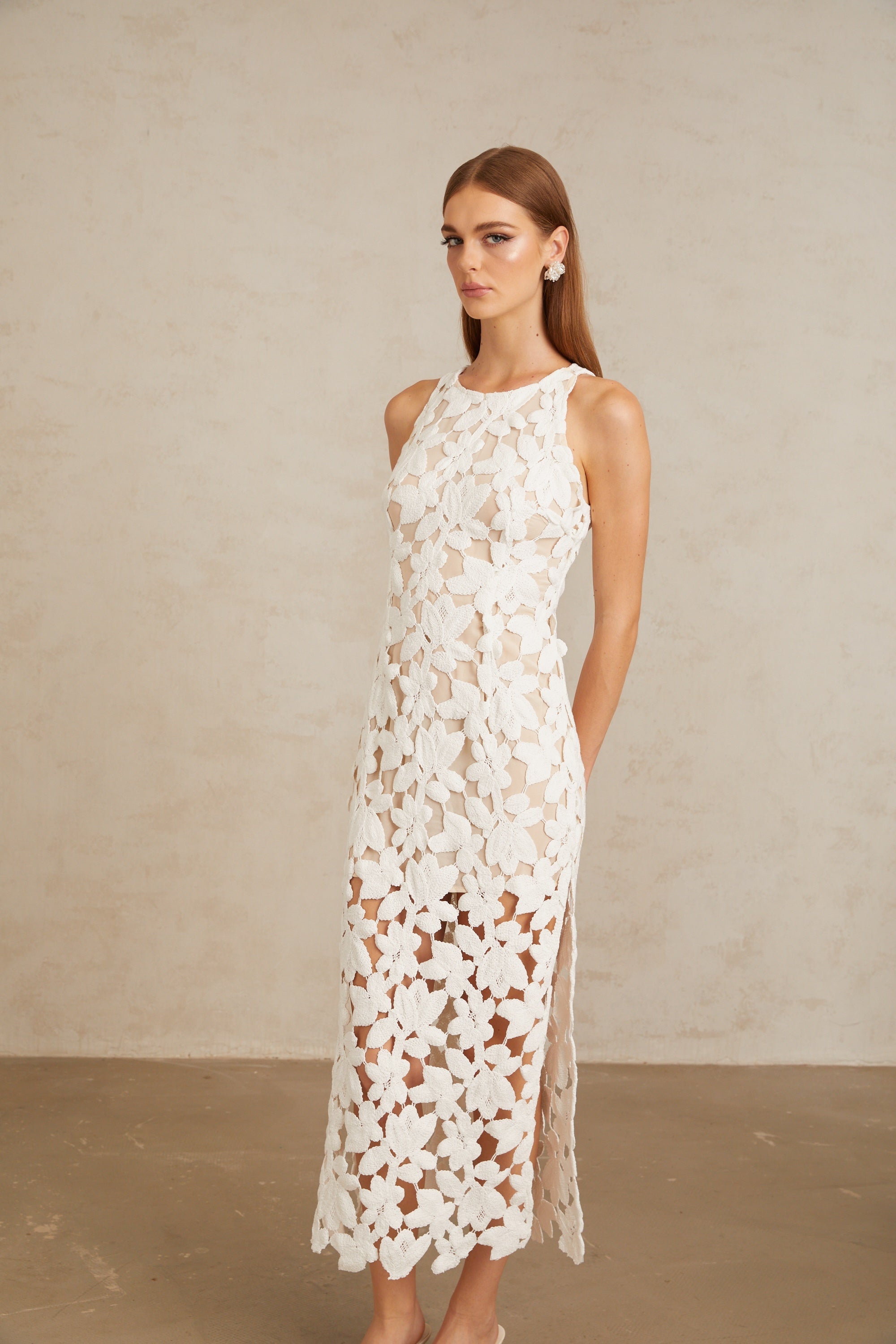 Wilhelmine White Cutout Embroidered Floral Midi Dress