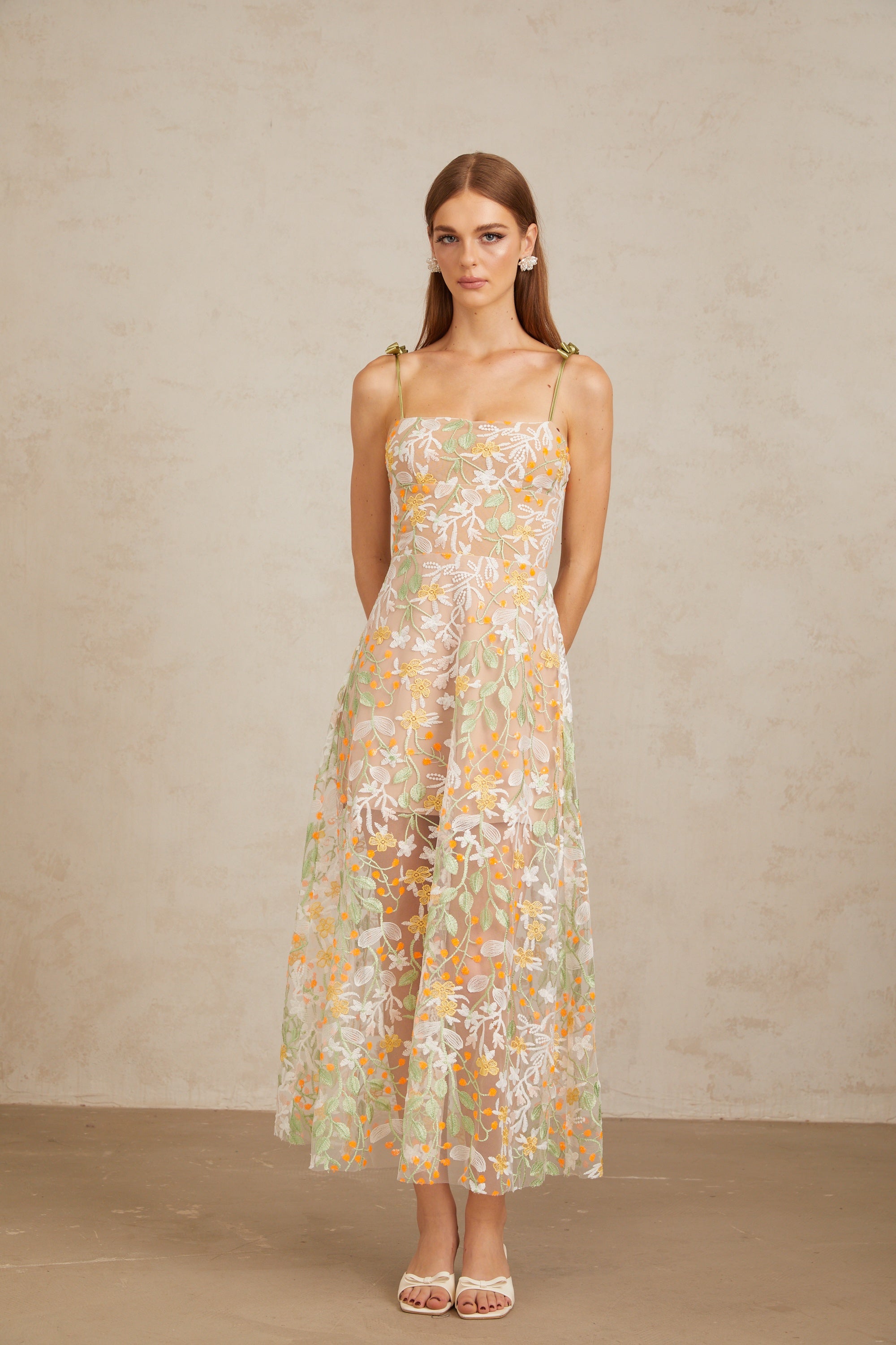Bérénice Neutral Floral Embroidered Flare Maxi Dress (Final Sale-US Only)