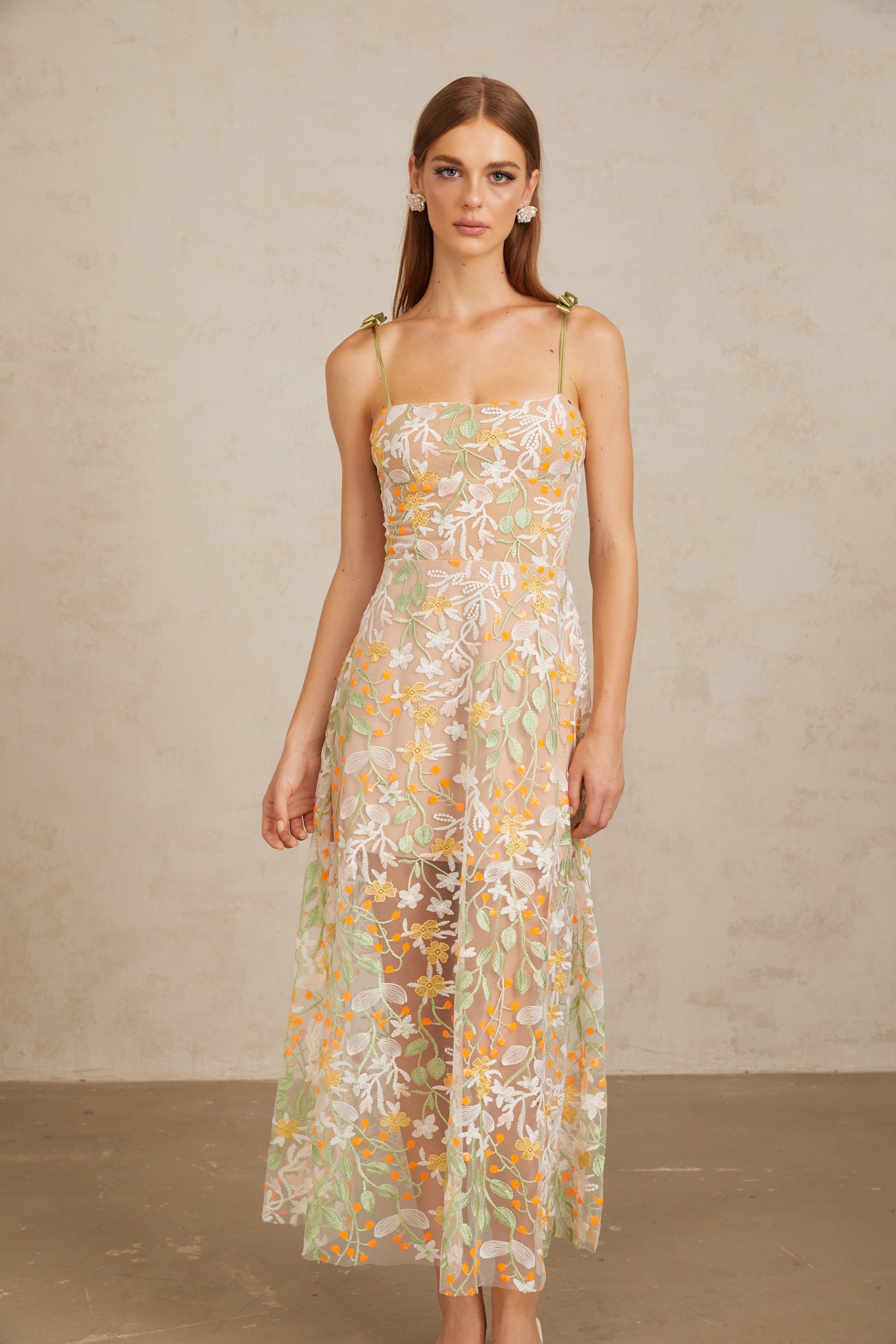 Bérénice Neutral Floral Embroidered Flare Maxi Dress (Final Sale-US Only)