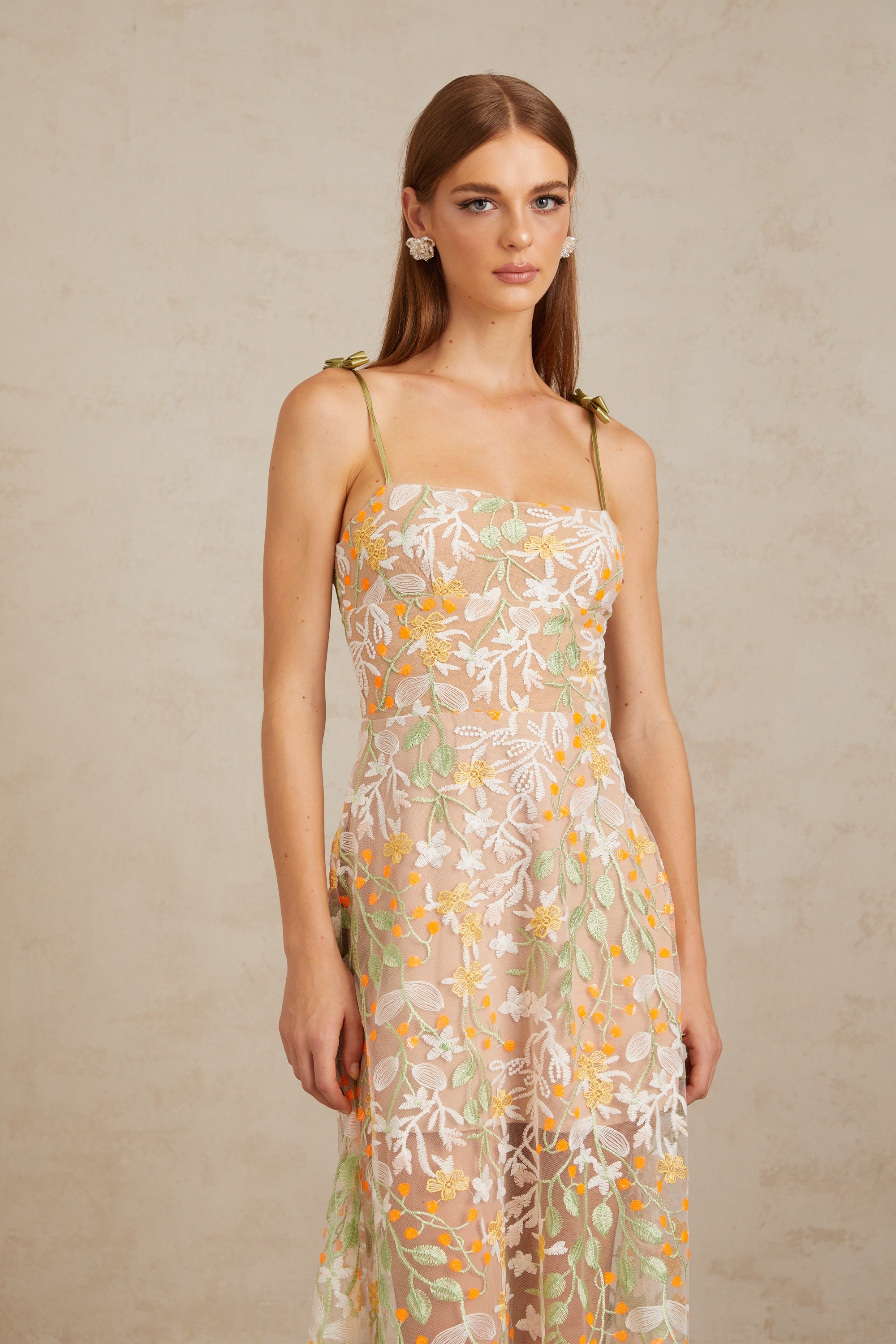 Bérénice Neutral Floral Embroidered Flare Maxi Dress (Final Sale-US Only)