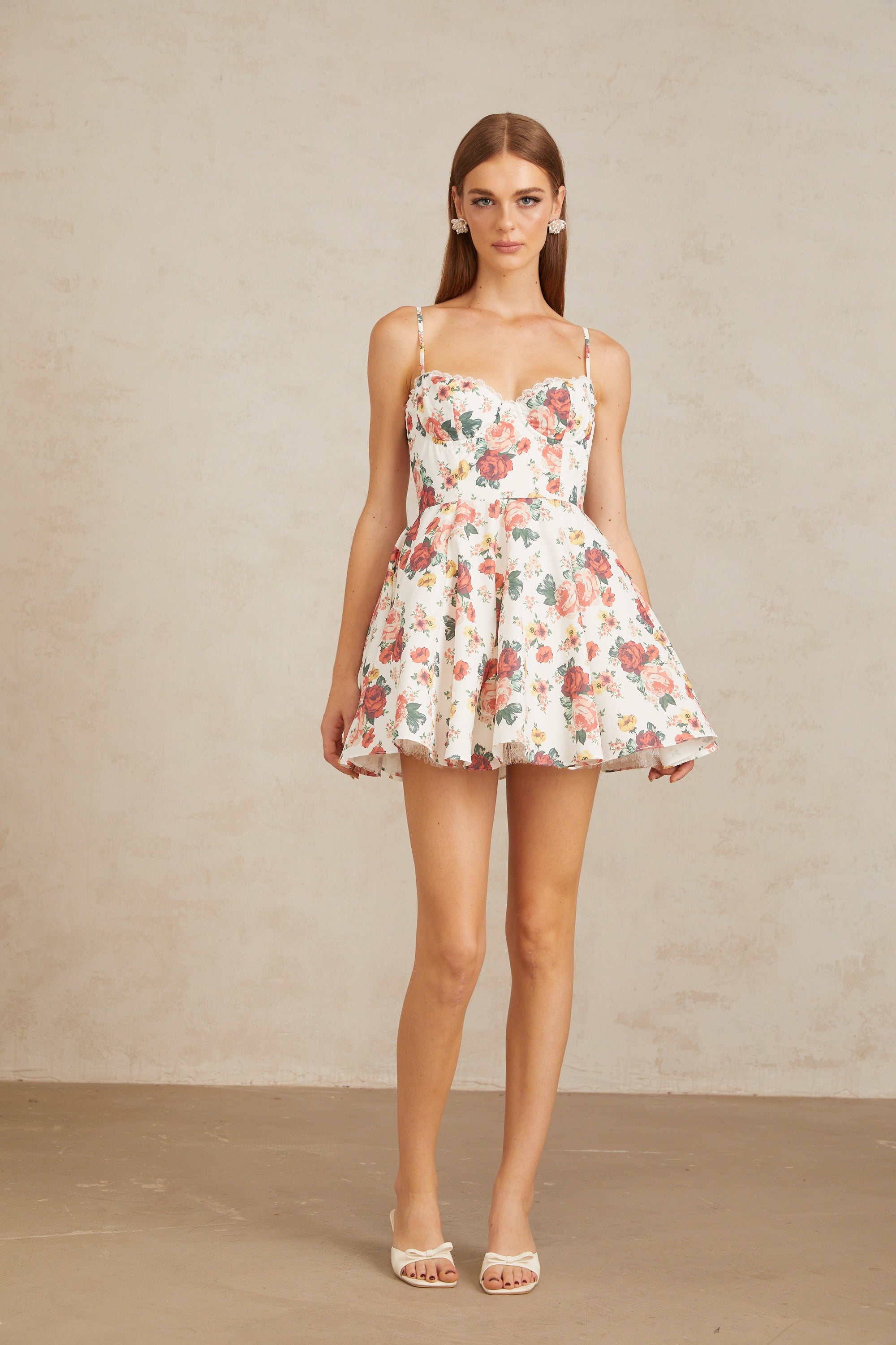 Airelle White Flounced Rose Print Mini Dress
