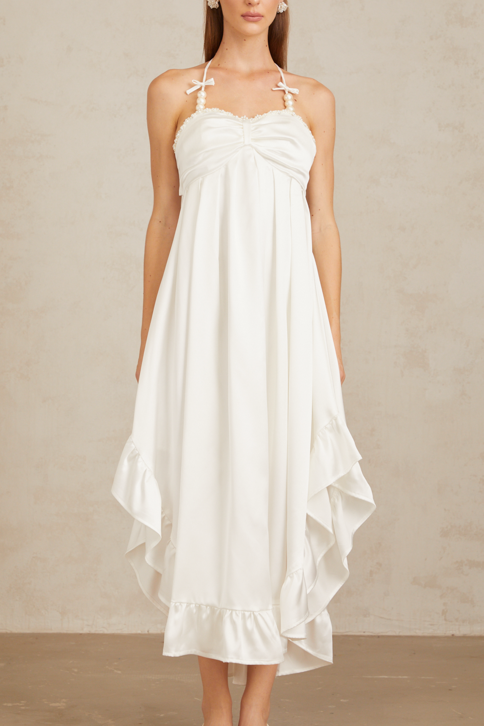 Nocturne White Ruffled Satin Midi Dress