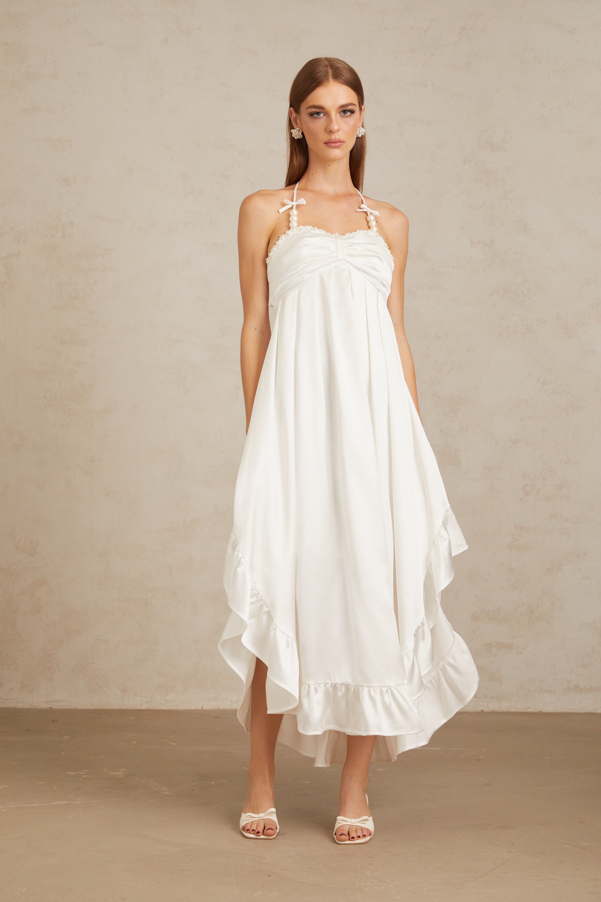 Nocturne White Ruffled Satin Midi Dress