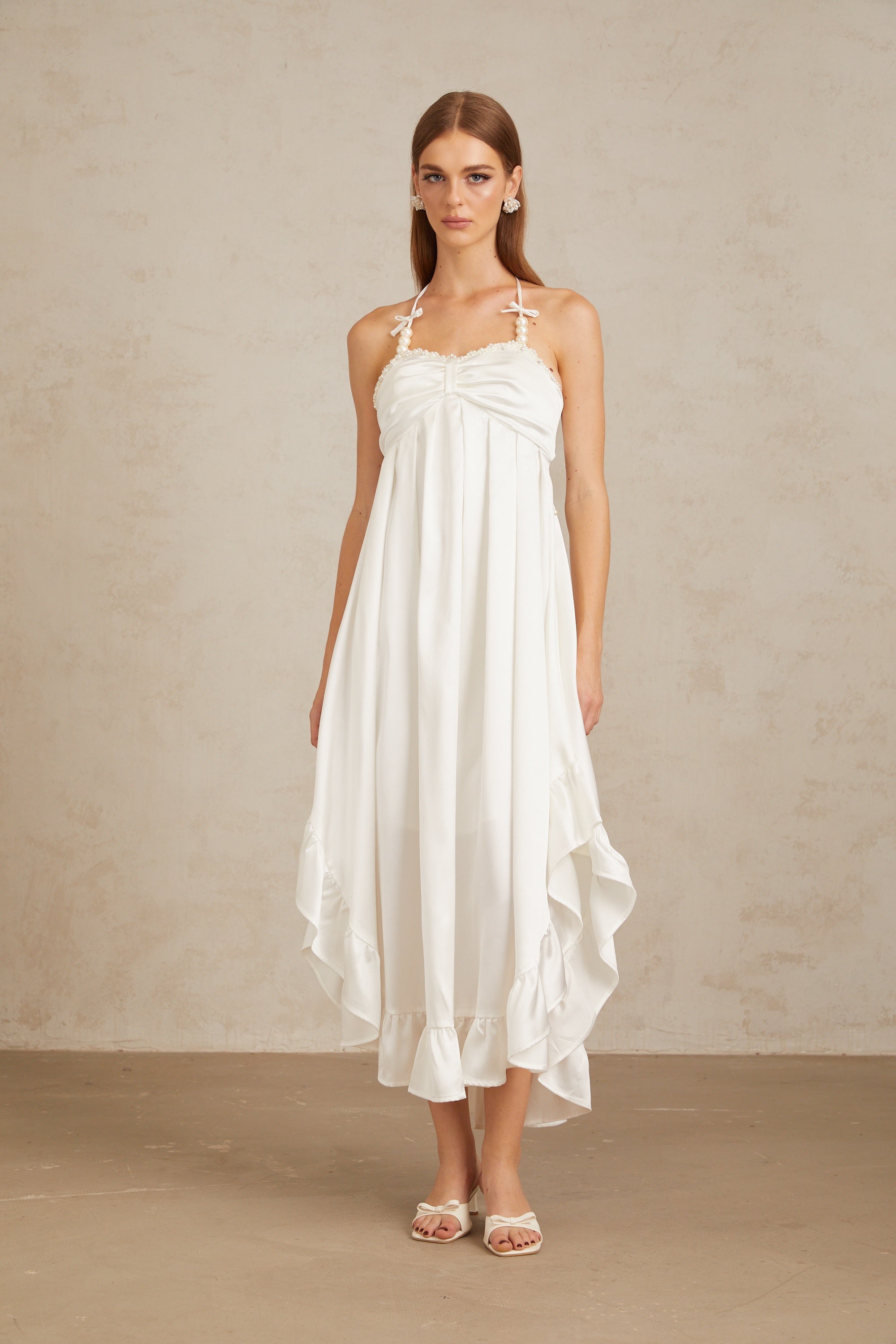 Nocturne White Ruffled Satin Midi Dress