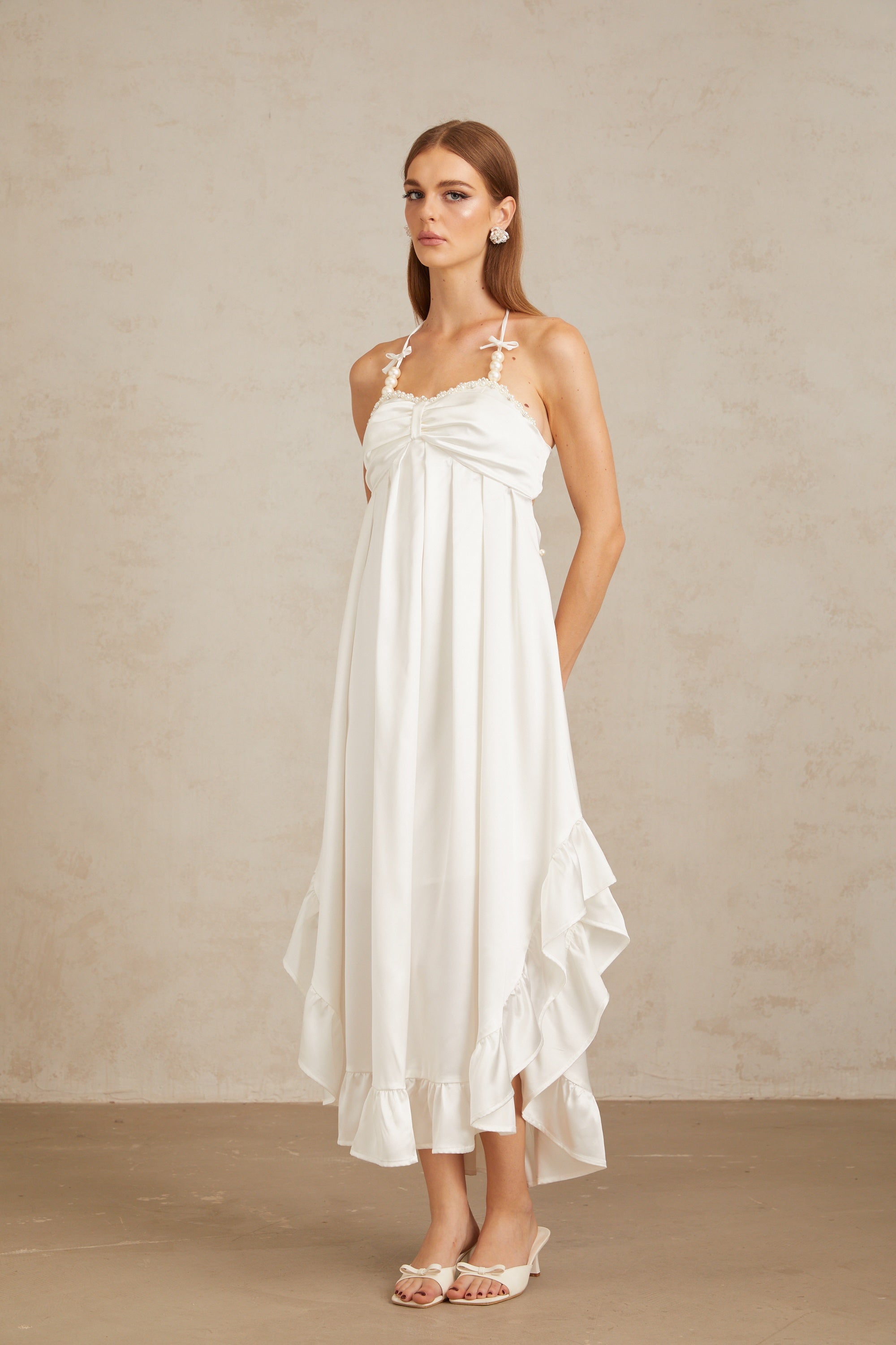 Nocturne White Ruffled Satin Midi Dress