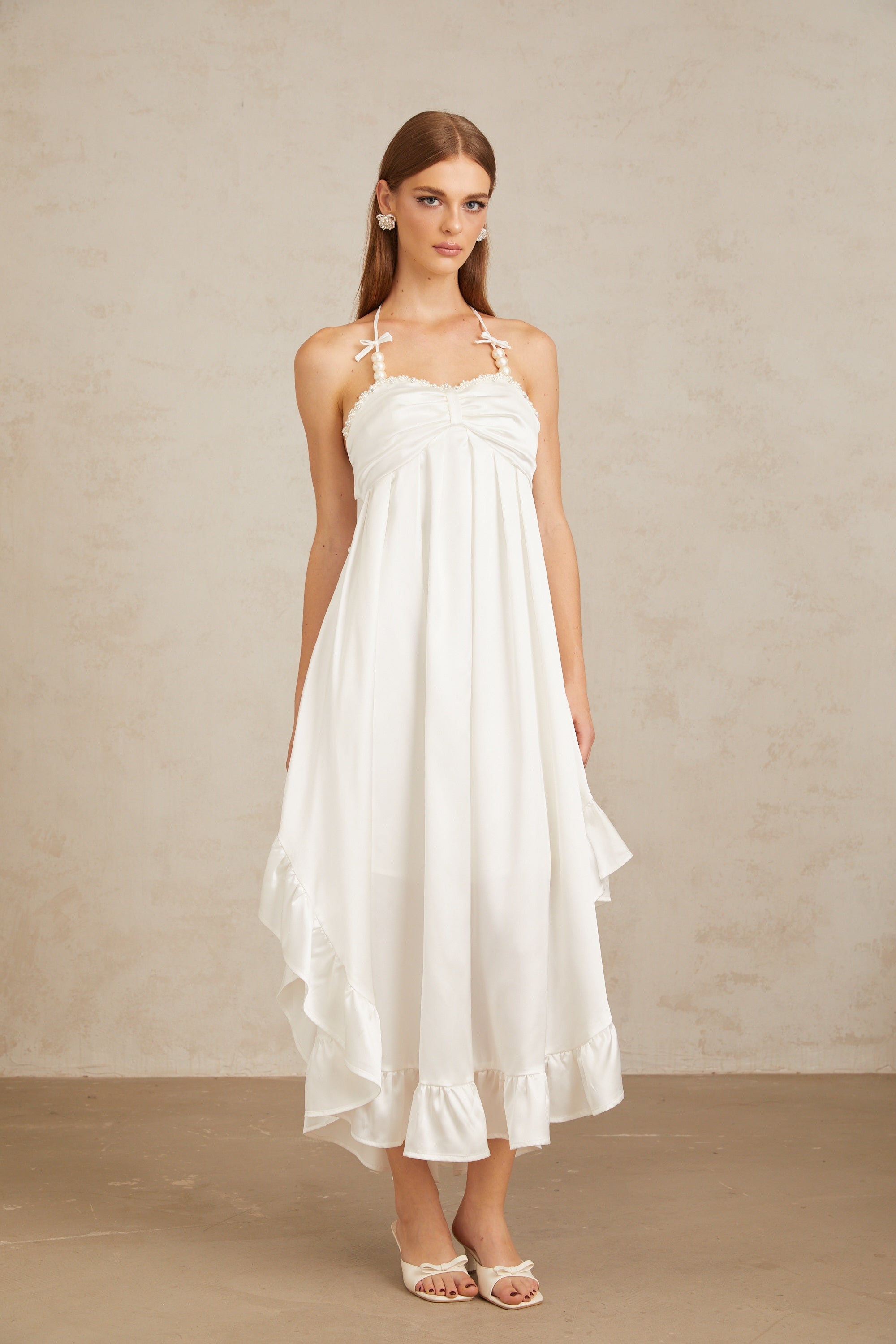 Nocturne White Ruffled Satin Midi Dress