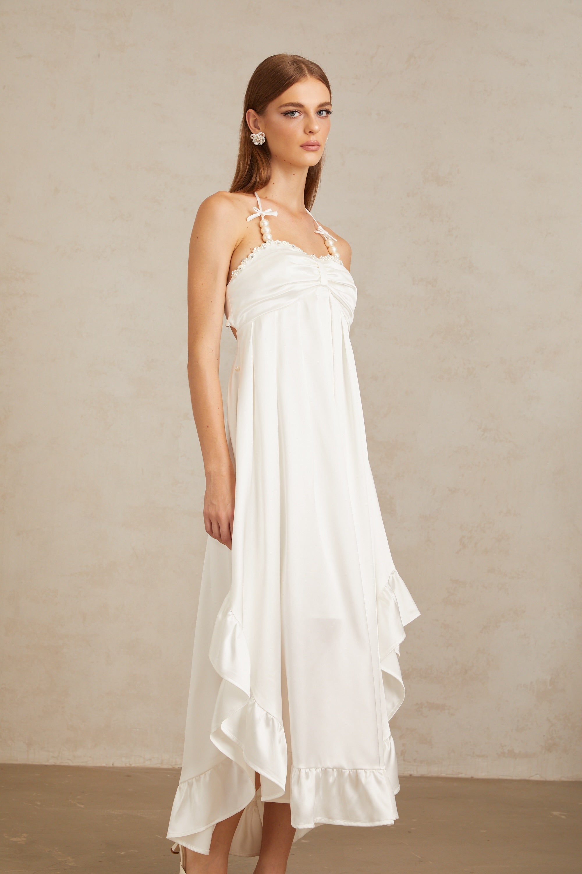 Nocturne White Ruffled Satin Midi Dress