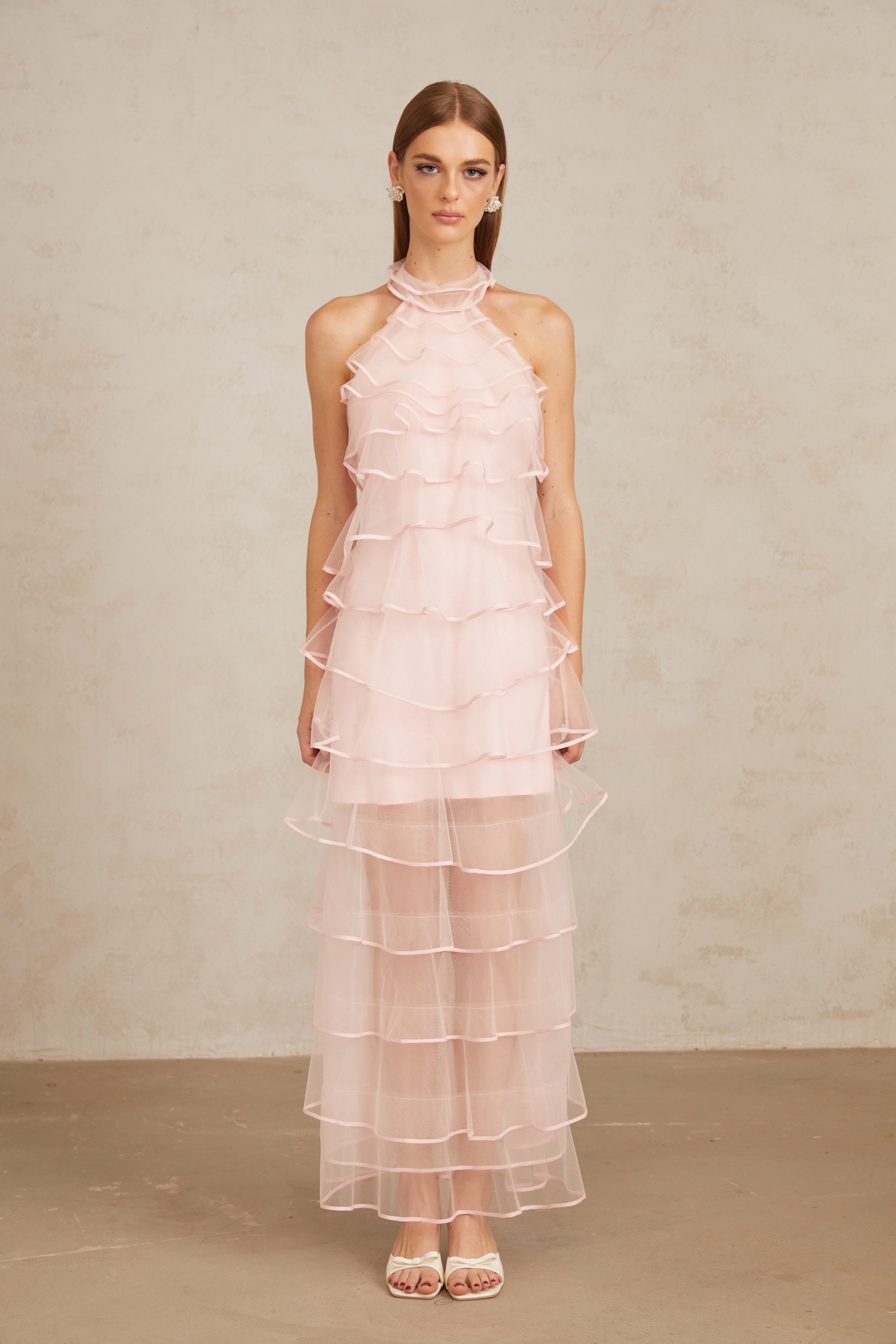 Nonchalante Pink Tiered Halterneck Maxi Dress