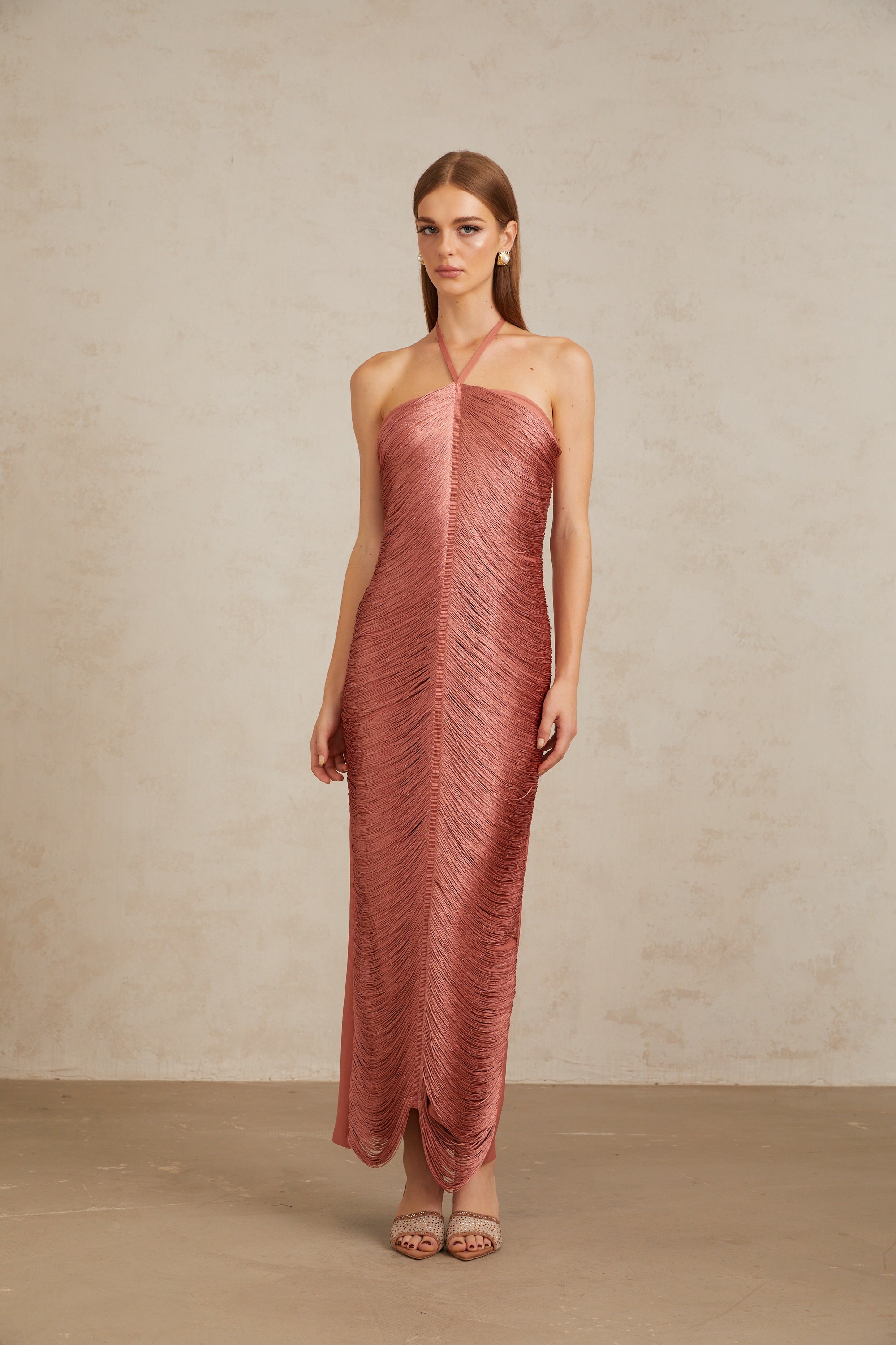 Polliana Pink Fringed Corset Maxi Gown