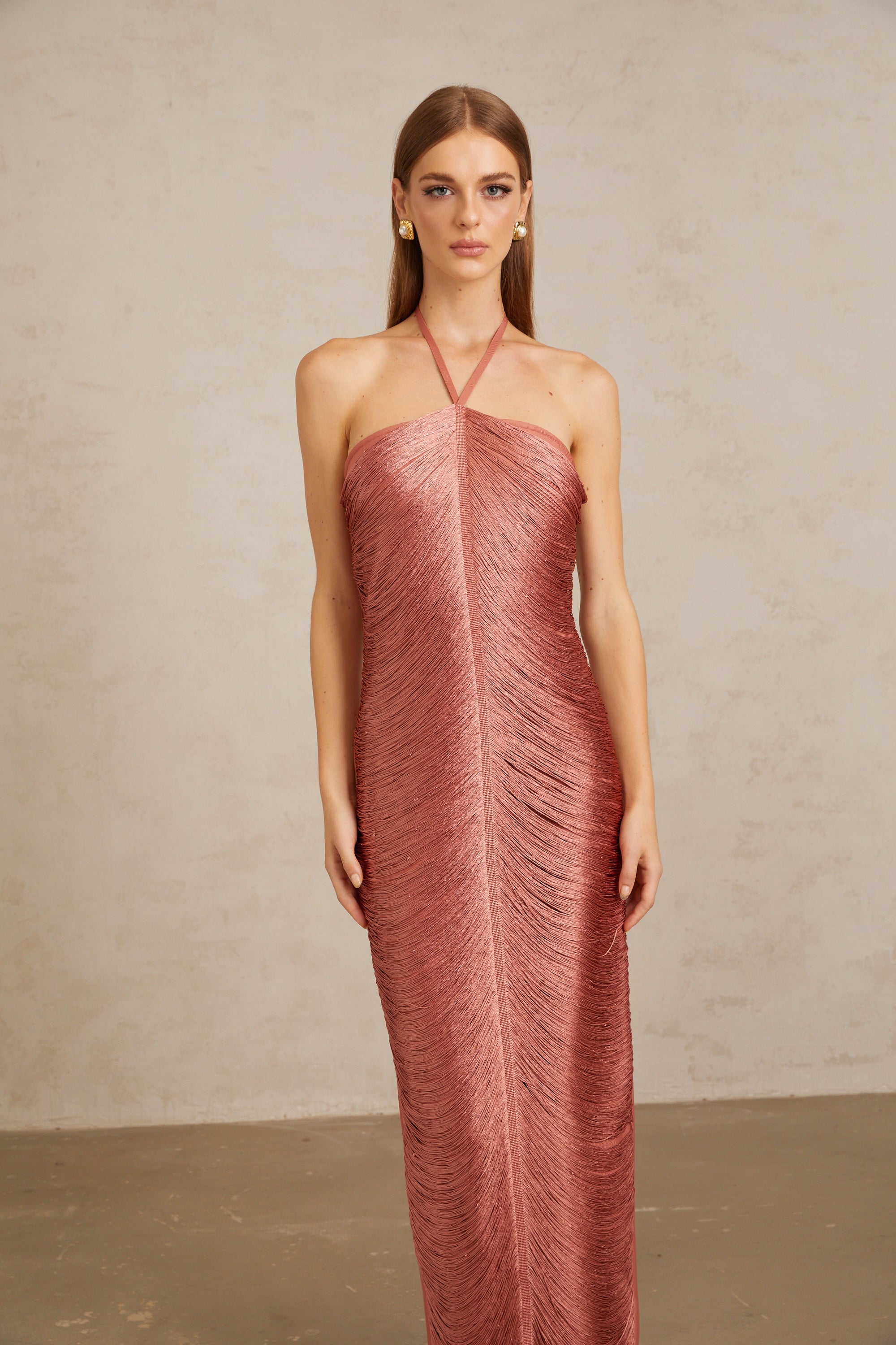 Polliana Pink Fringed Corset Maxi Gown