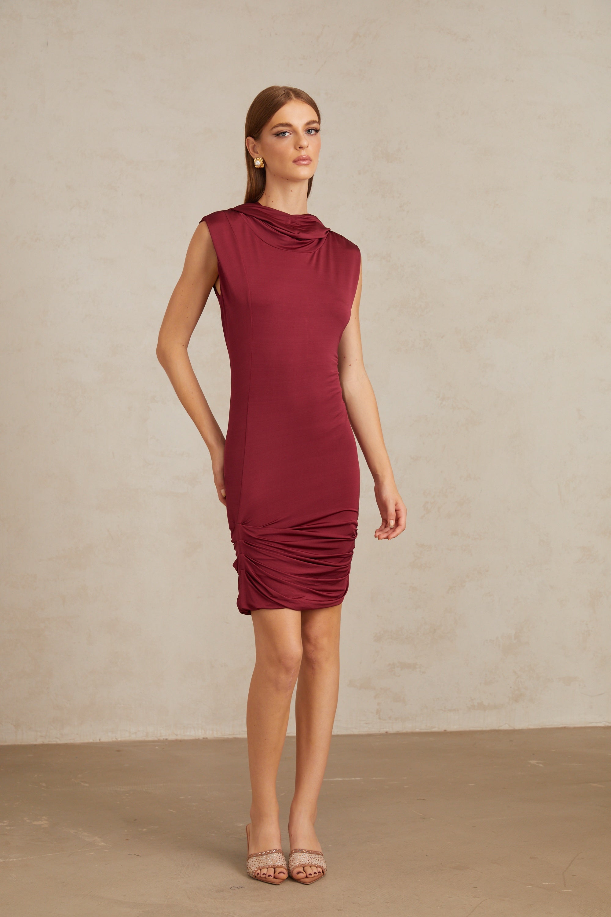 Aino Red Hooded Ruched Mini Dress