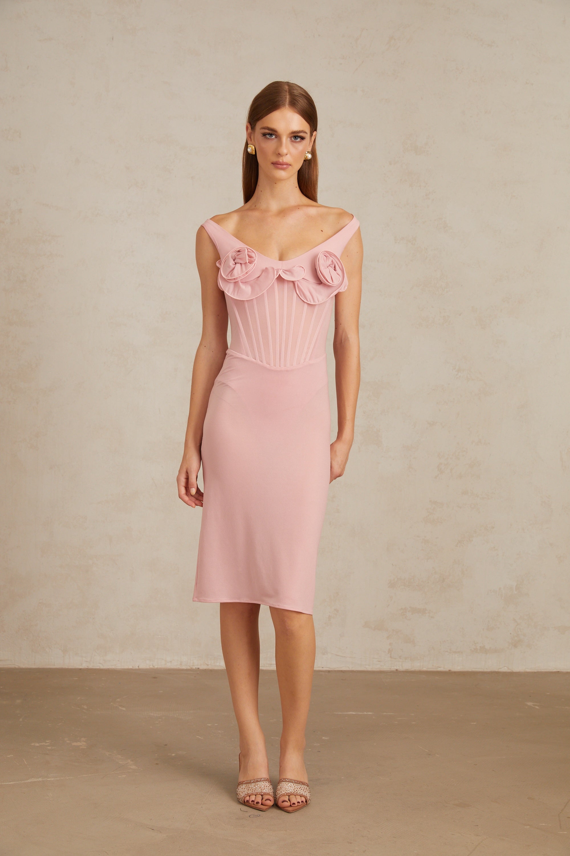 Aada Pink Fitted 3D Petal Midi Dress