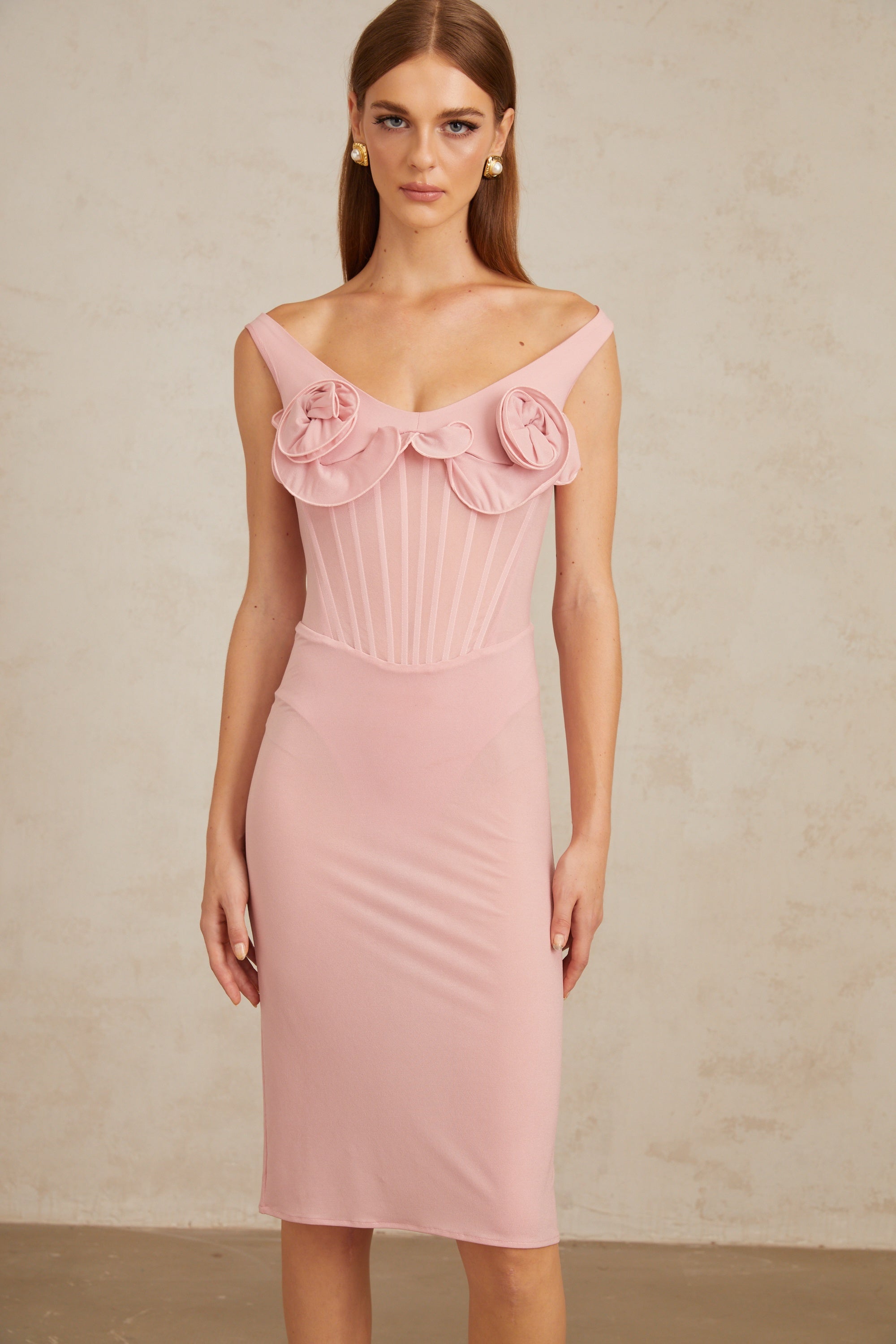 Aada Pink Fitted 3D Petal Midi Dress