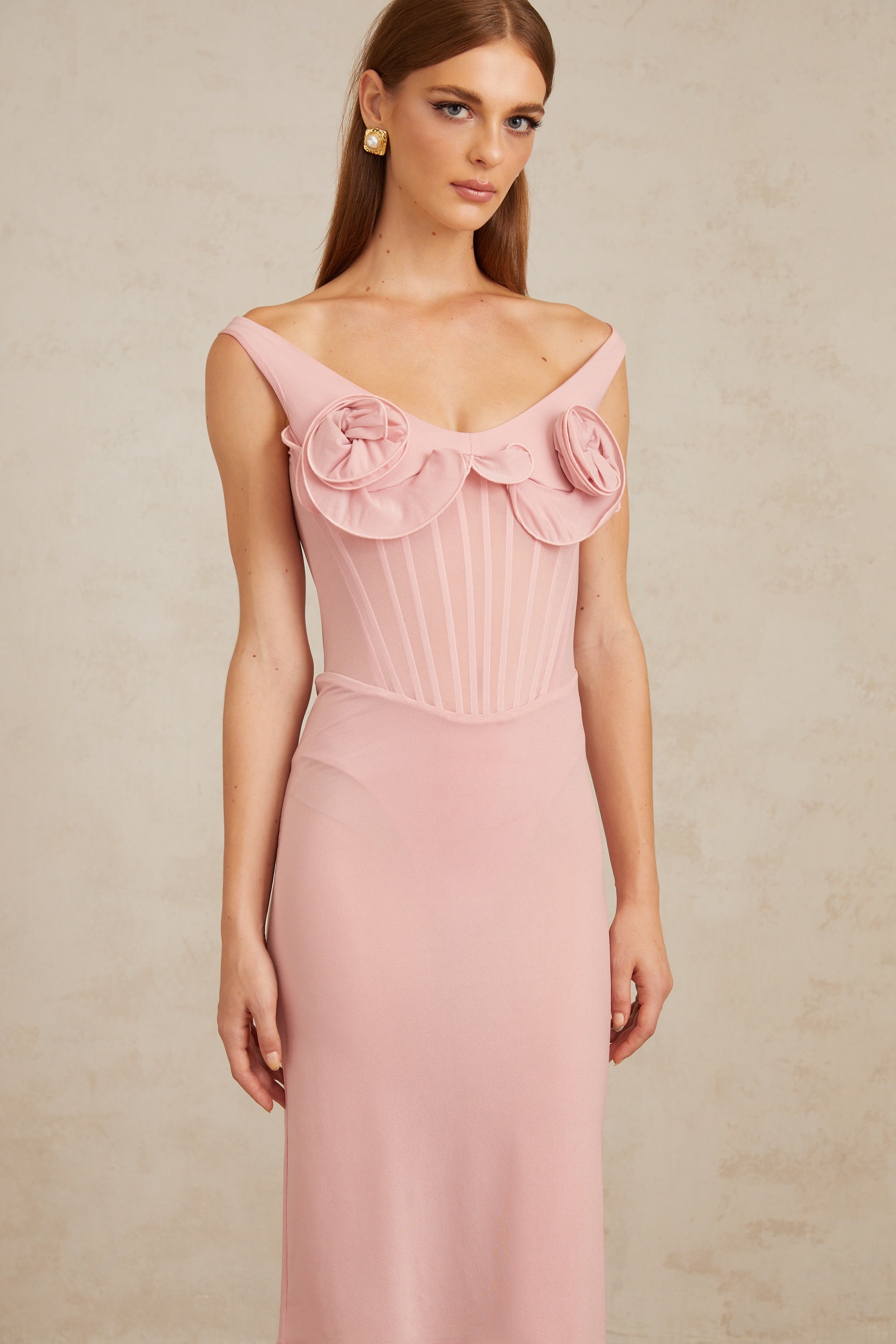 Aada Pink Fitted 3D Petal Midi Dress
