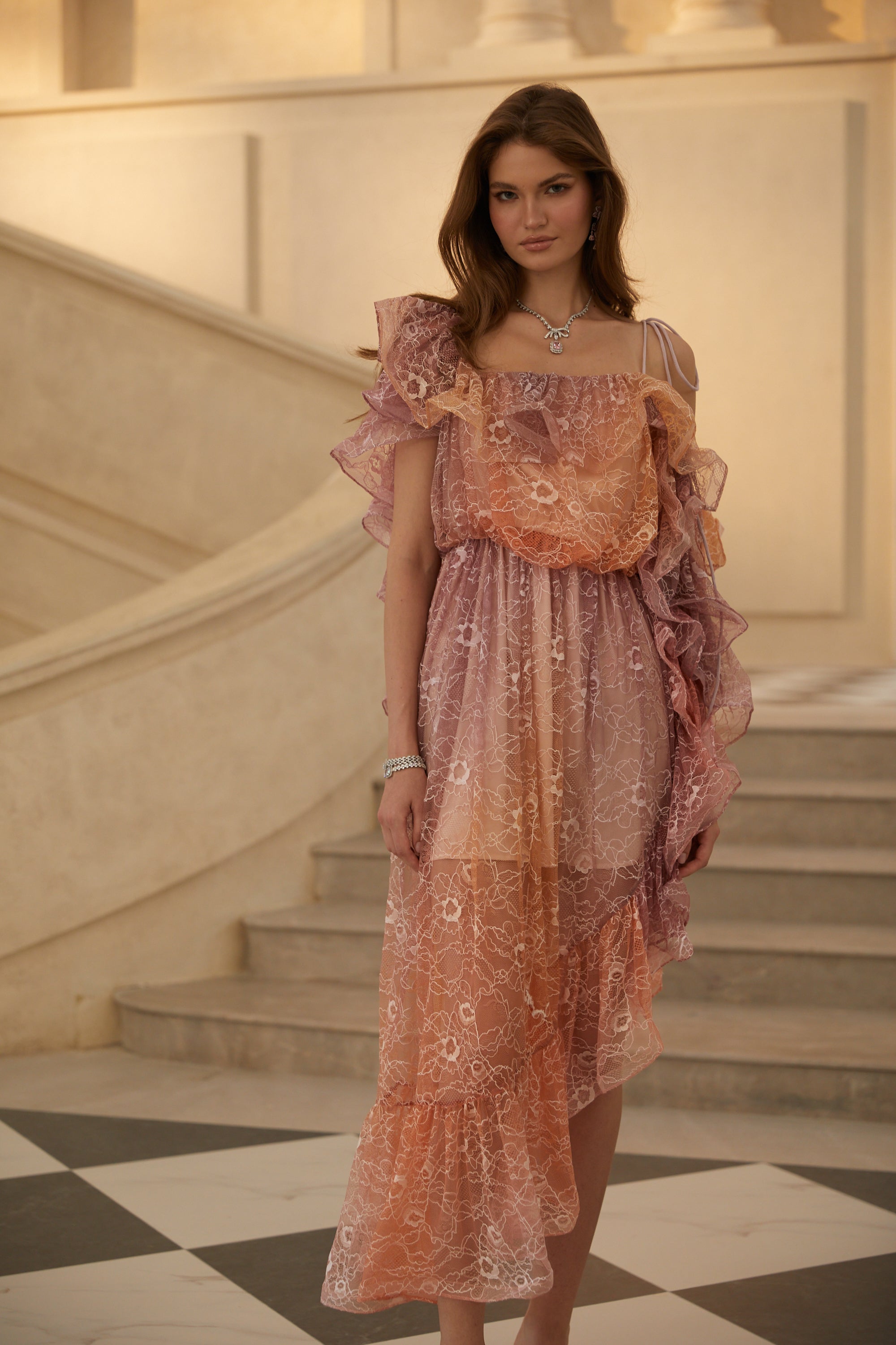 Éva Purple Gradient Floral Lace Midi Dress