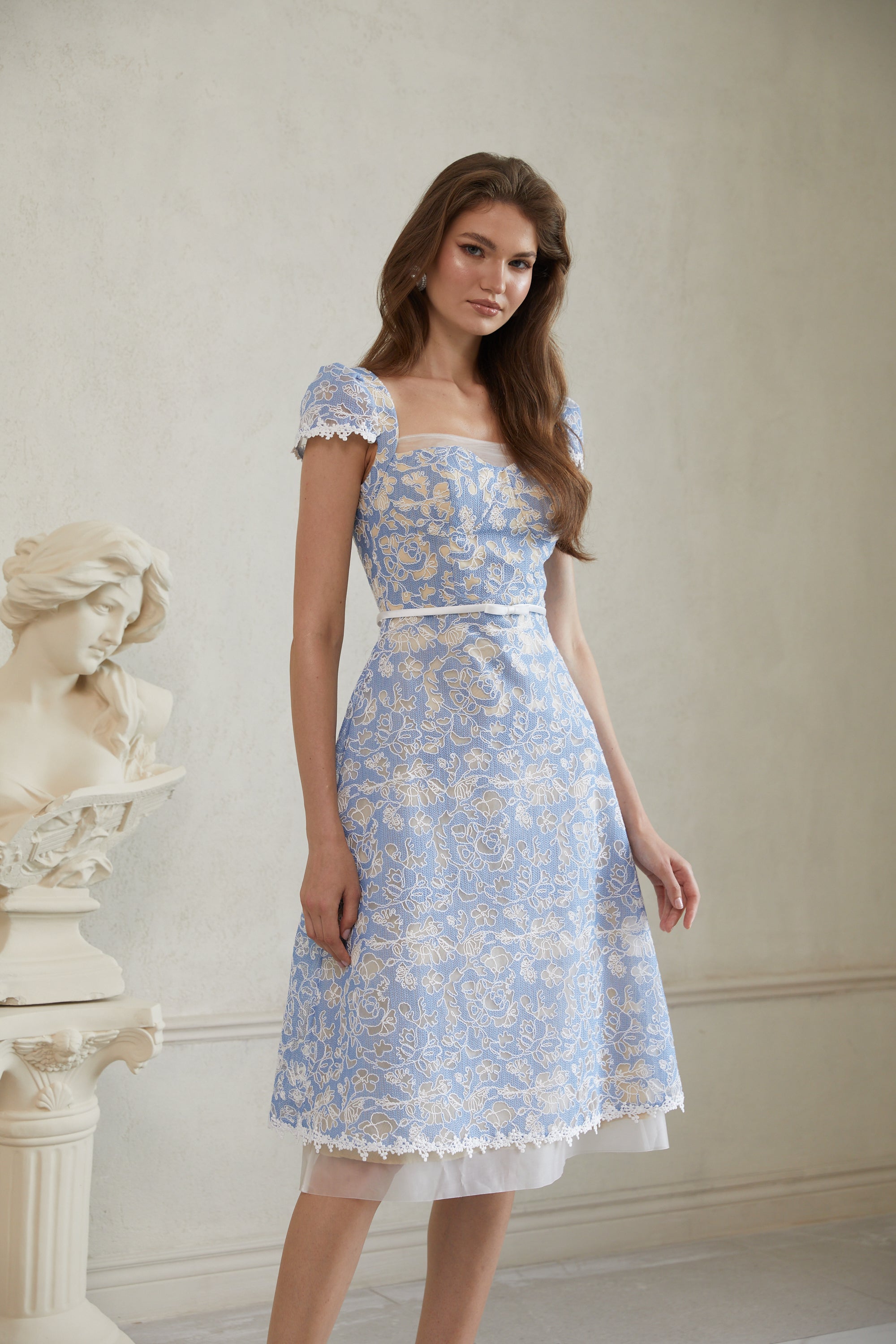 Gaëlle Blue Floral Embroidered Midi Dress