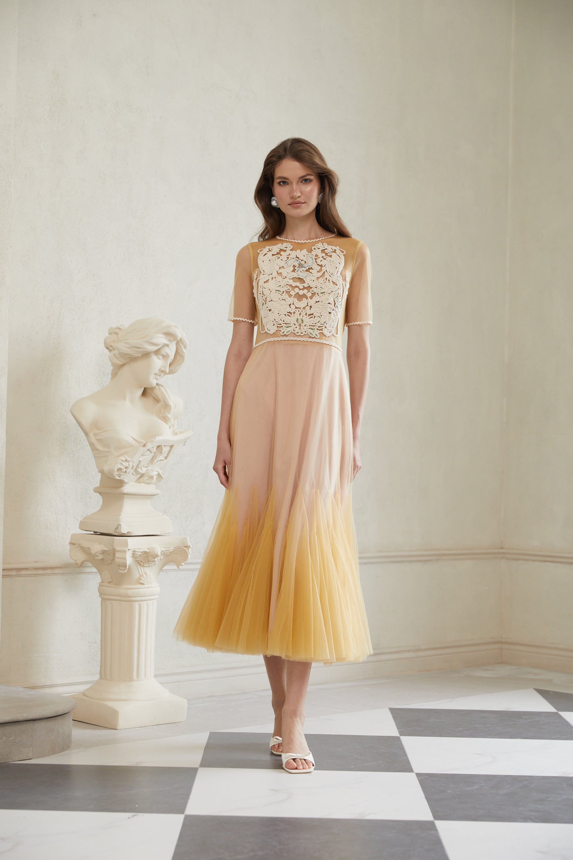 Despoina Yellow Floral Braided Tulle Midi Dress