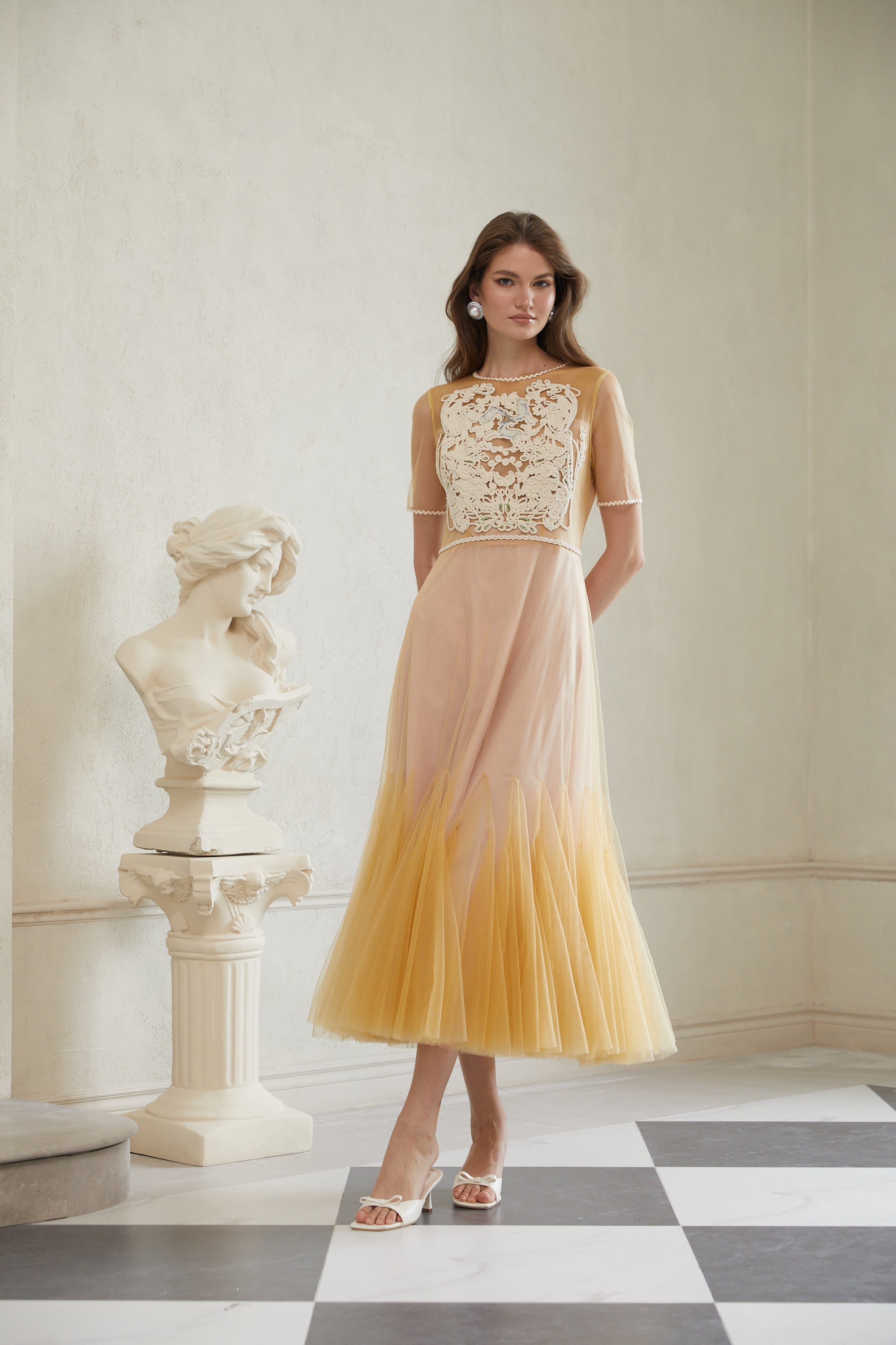 Despoina Yellow Floral Braided Tulle Midi Dress