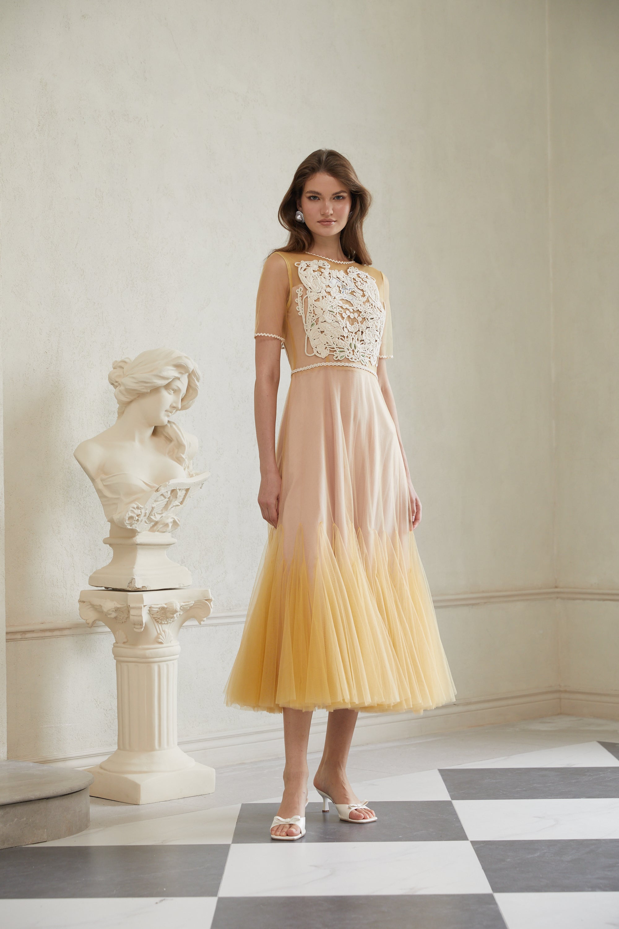 Despoina Yellow Floral Braided Tulle Midi Dress