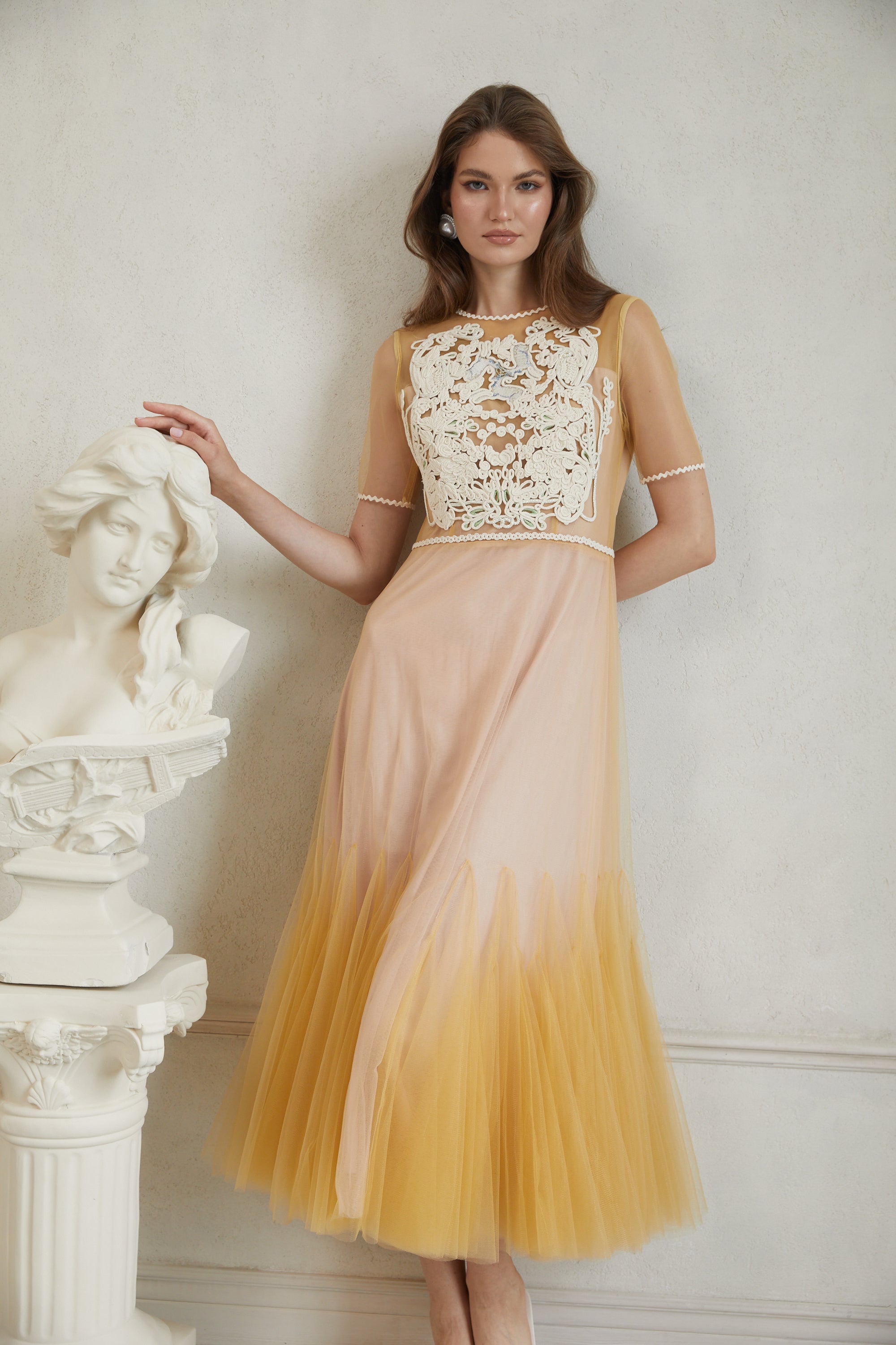 Despoina Yellow Floral Braided Tulle Midi Dress