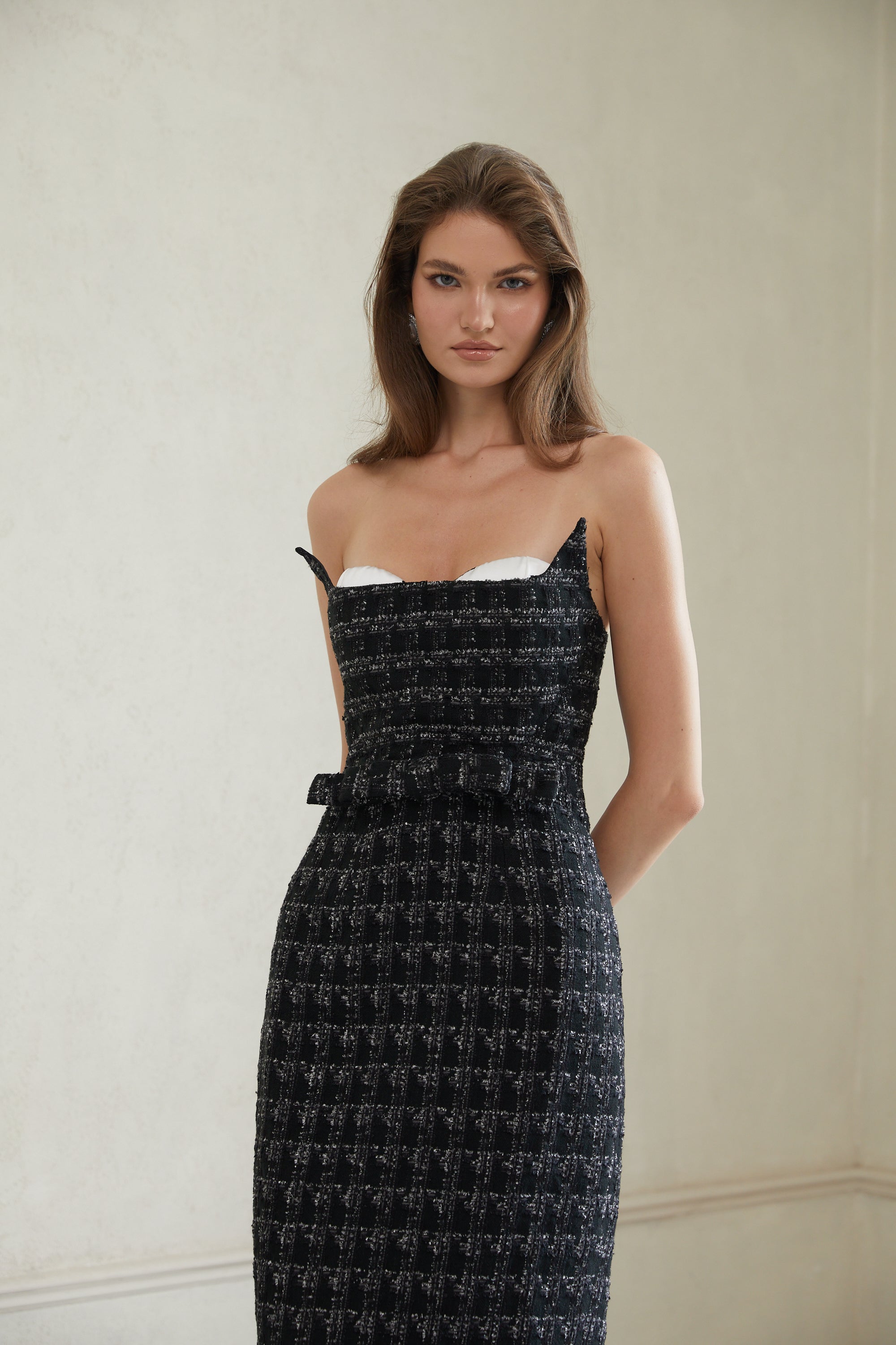 Rauha Black Plaid Weave Tweed Midi Dress