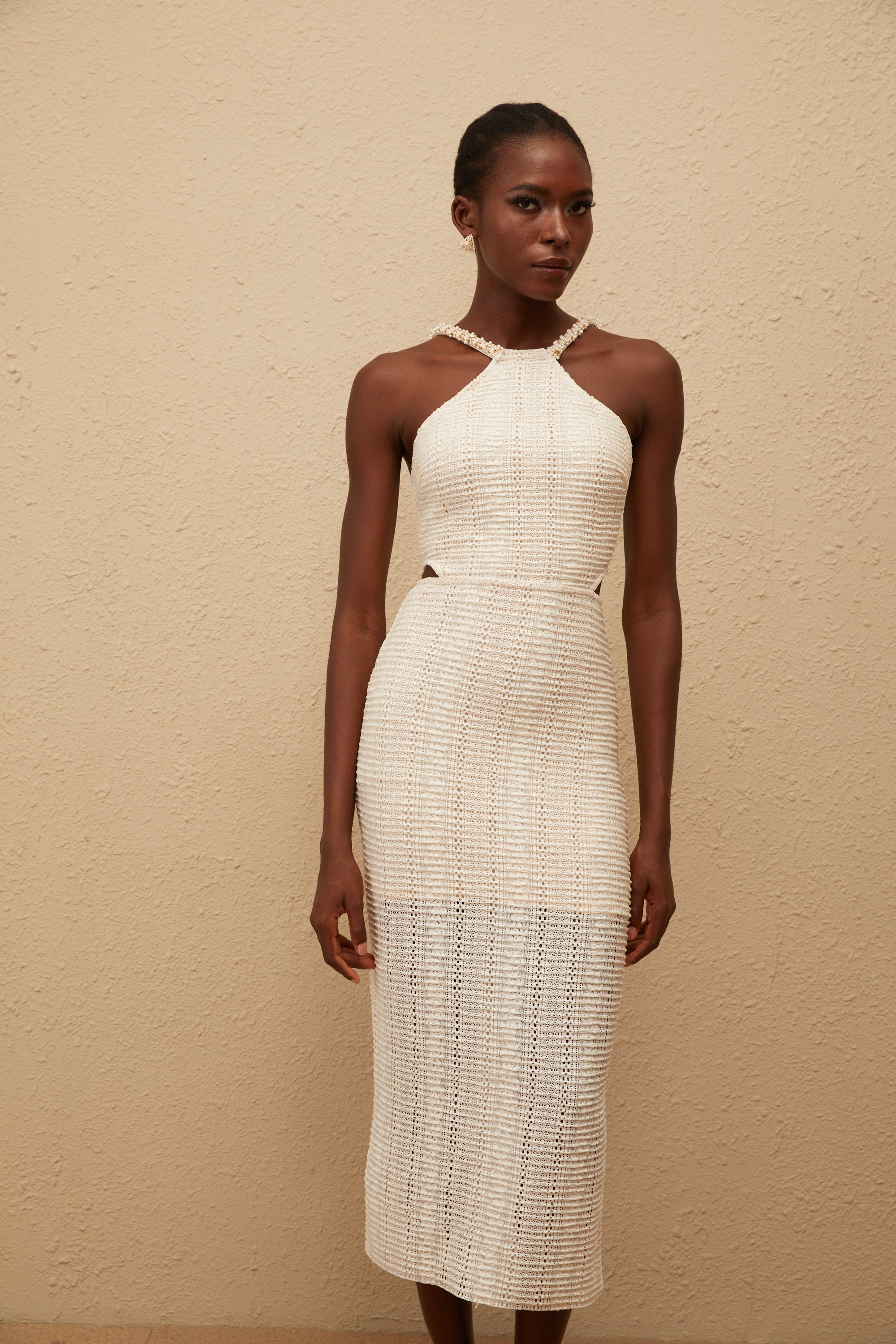 Eulalie Off White Guipure Lace Corset Midi Dress