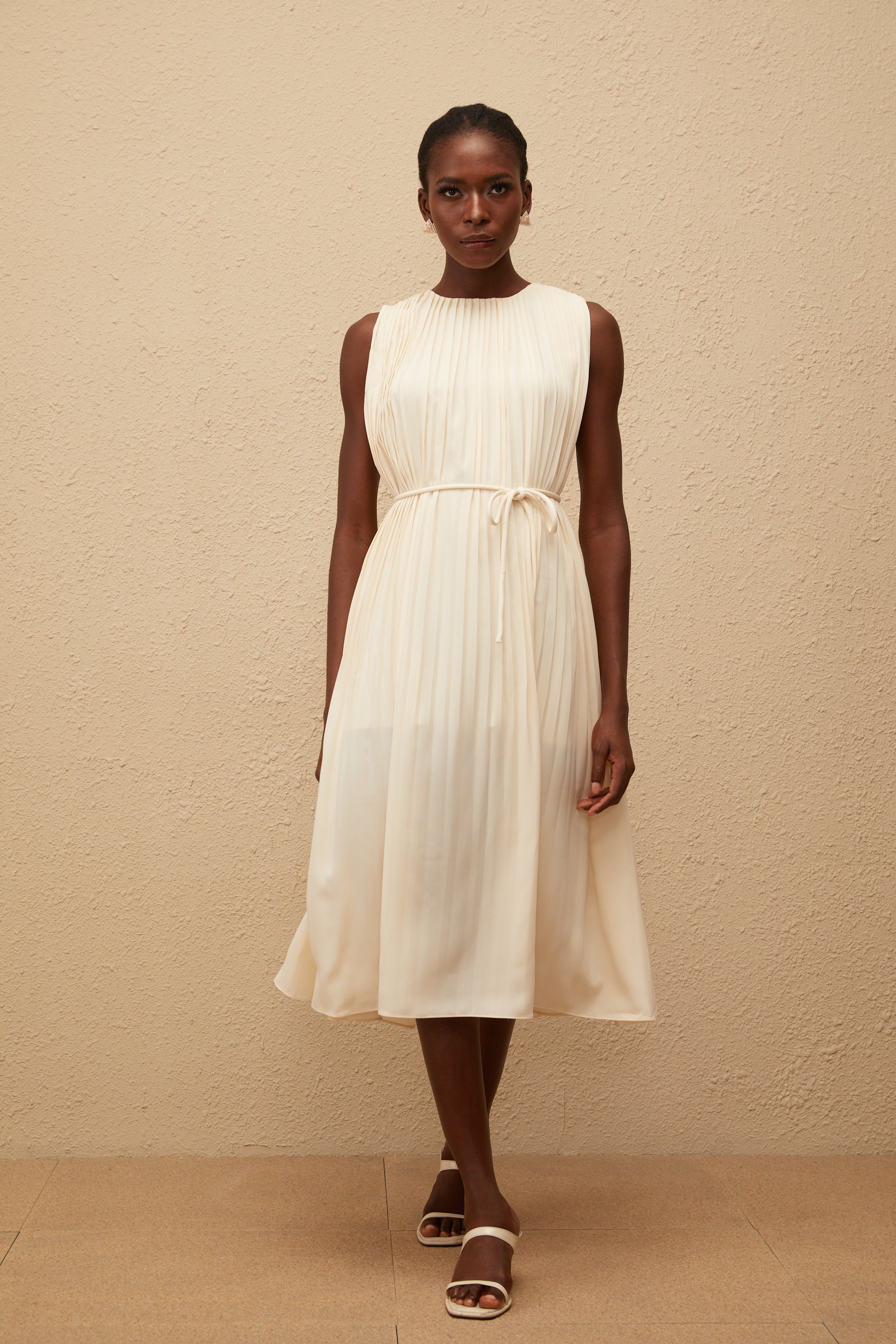 Célestine Neutral Sleeveless Pleated Midi Dress
