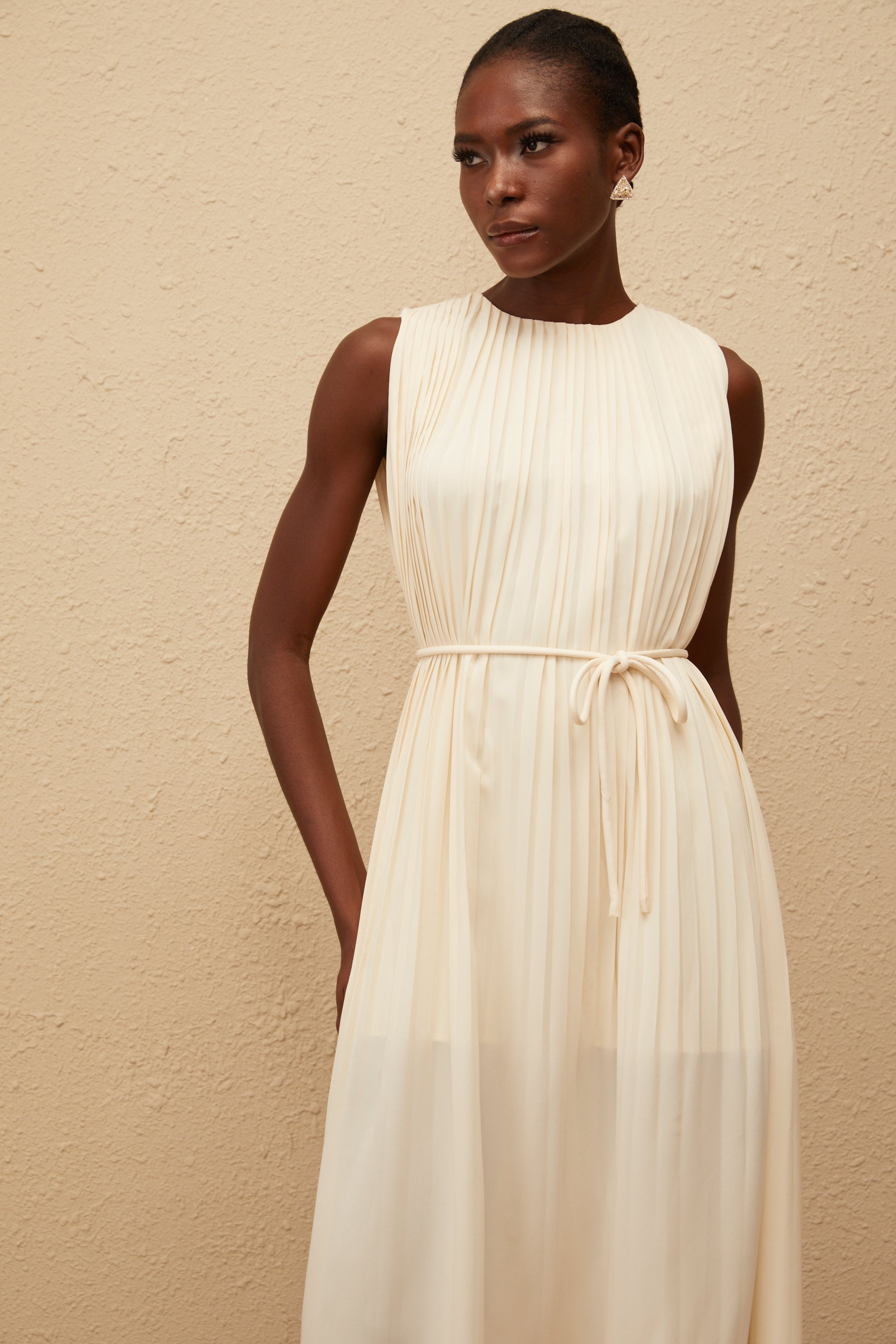 Célestine Neutral Sleeveless Pleated Midi Dress