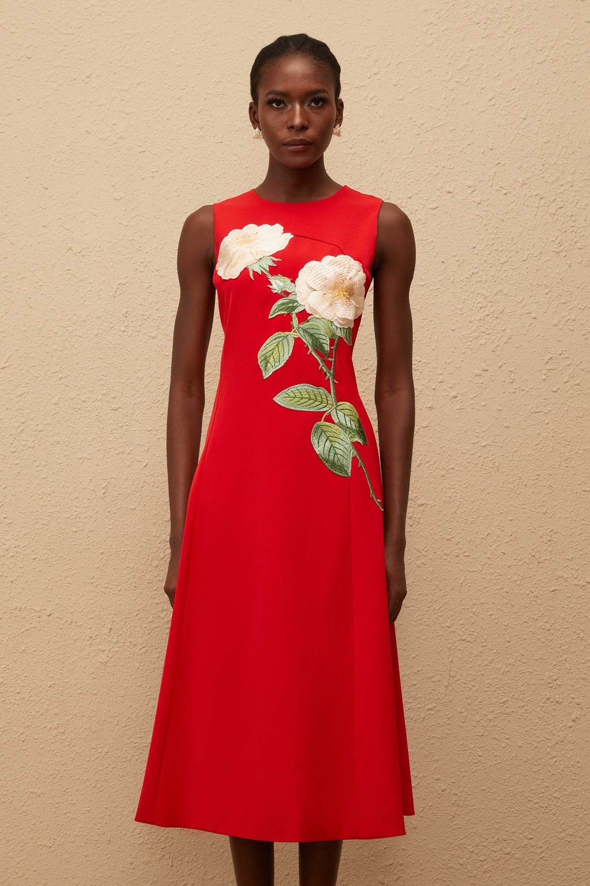 Mackenzie Red Floral Embroidered Midi Dress, S / Red