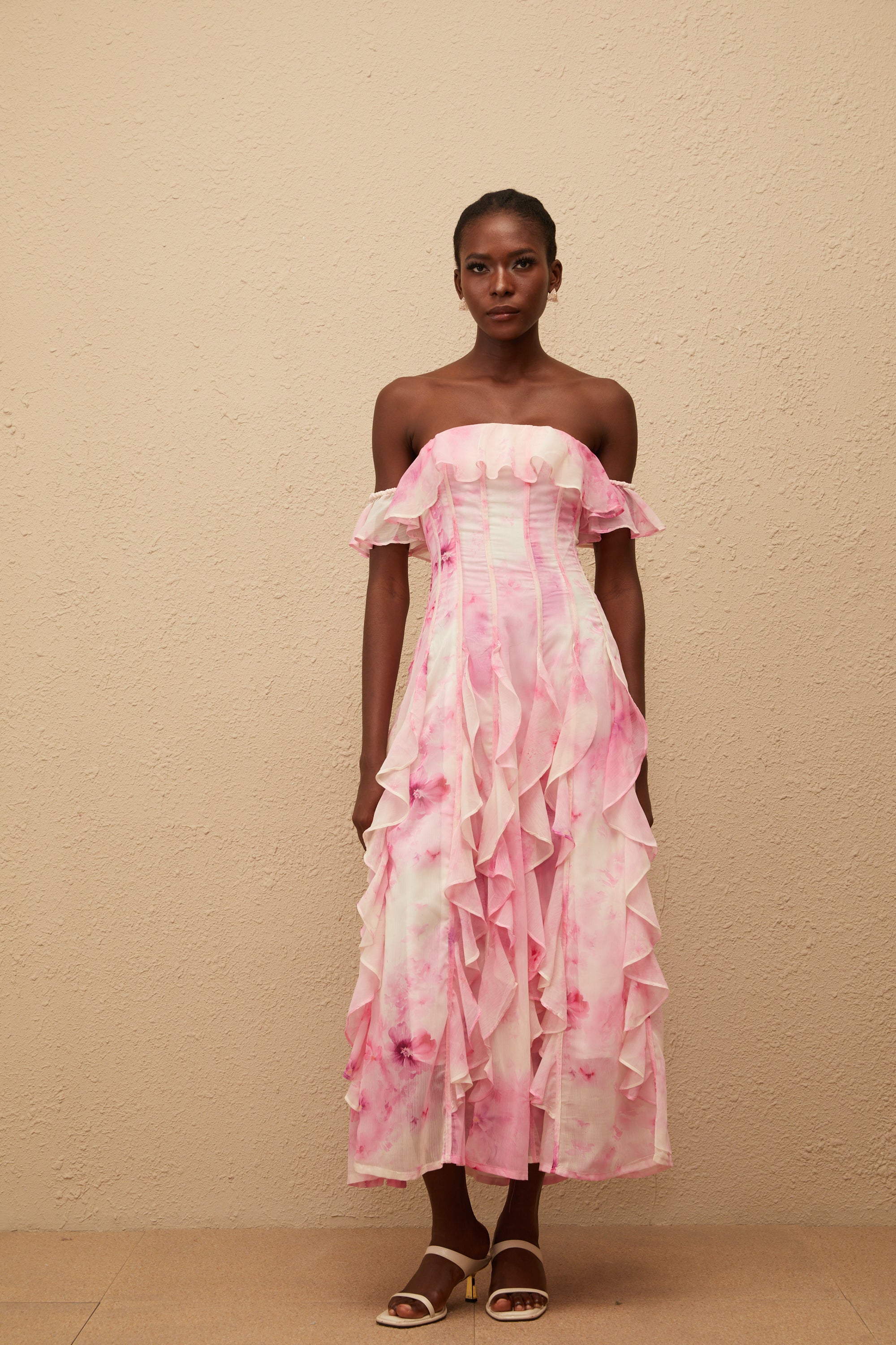 Fleur Pink Ruffled Floral Print Maxi Dress