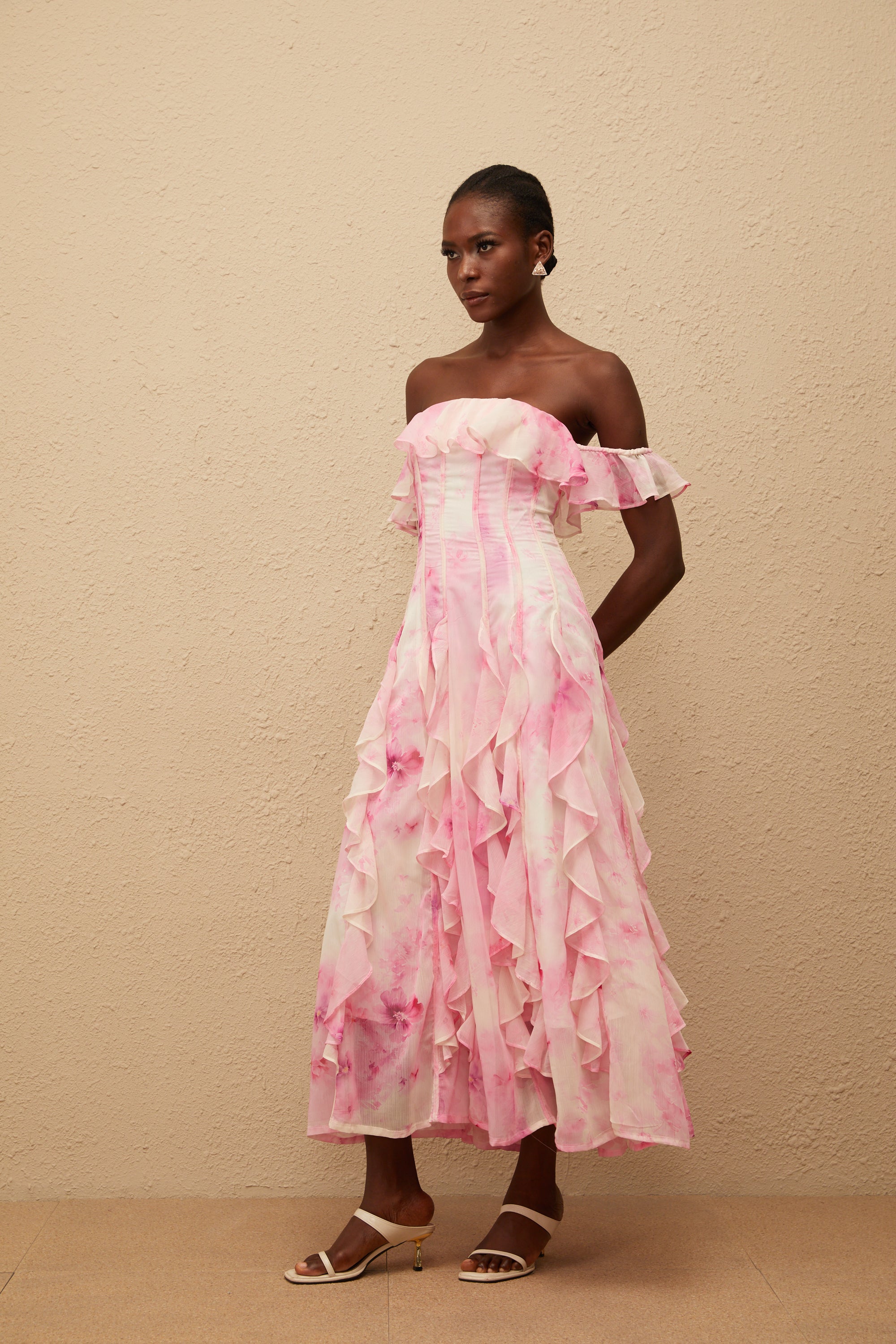 Fleur Pink Ruffled Floral Print Maxi Dress