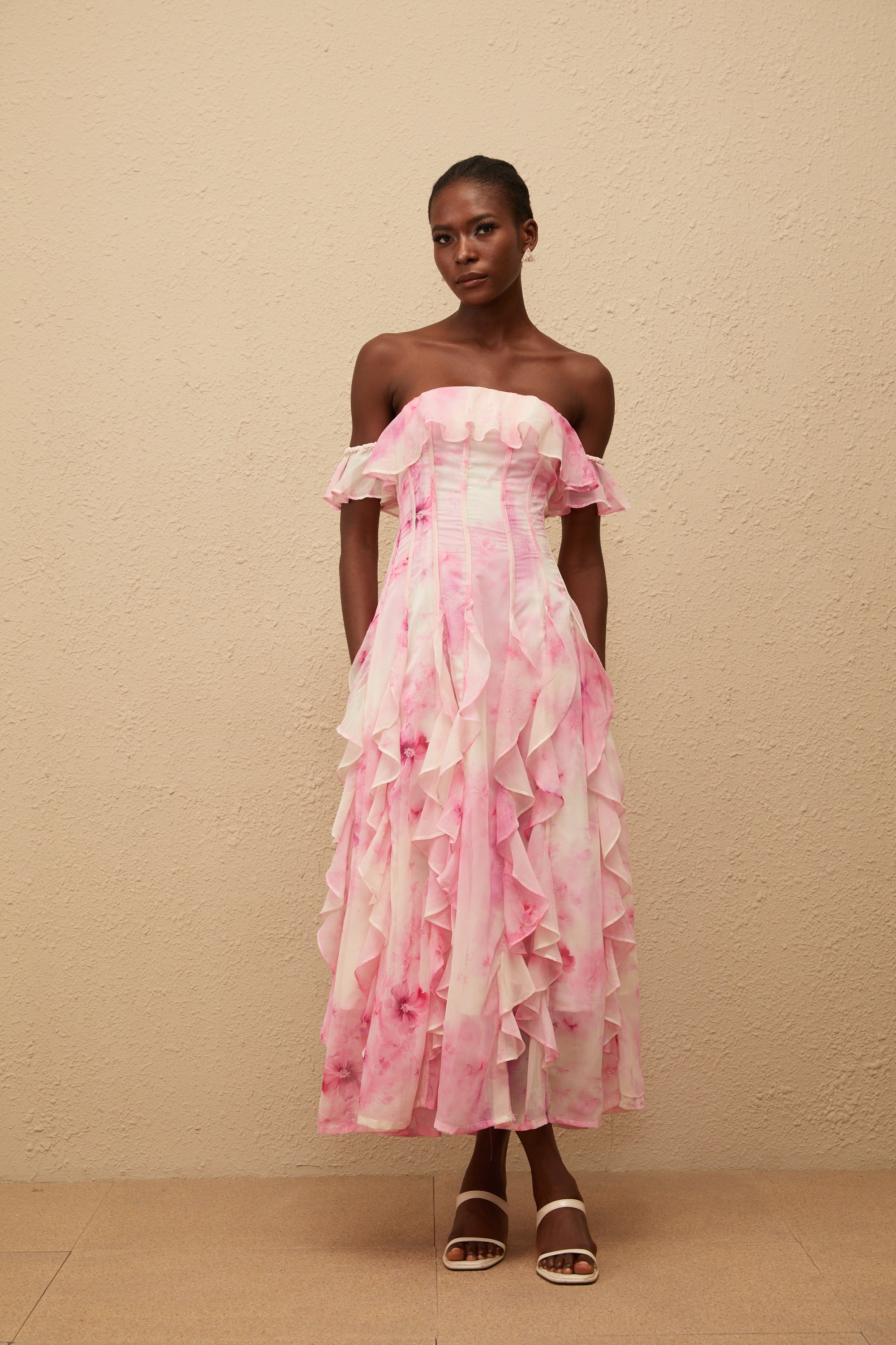 Fleur Pink Ruffled Floral Print Maxi Dress