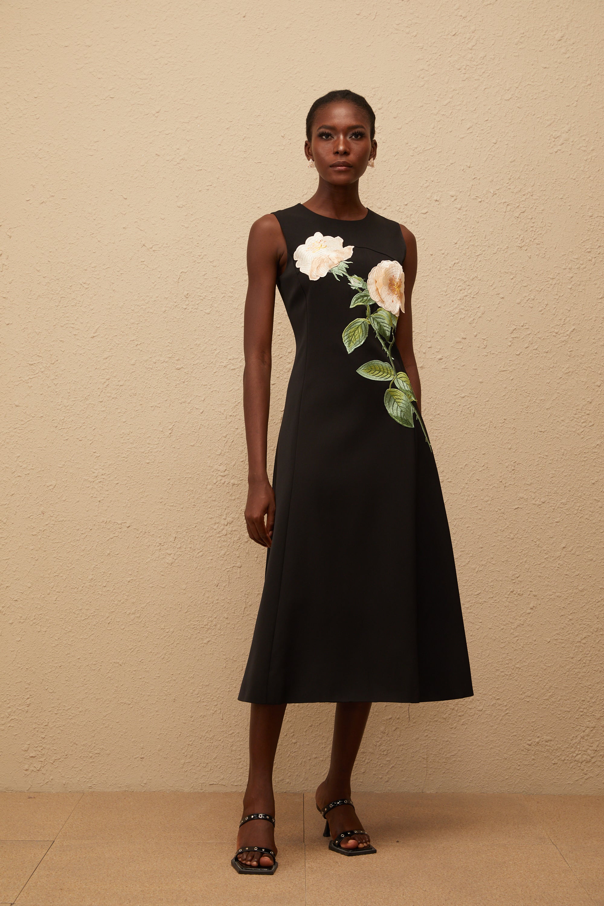 Mackenzie Black Floral Embroidered Midi Dress