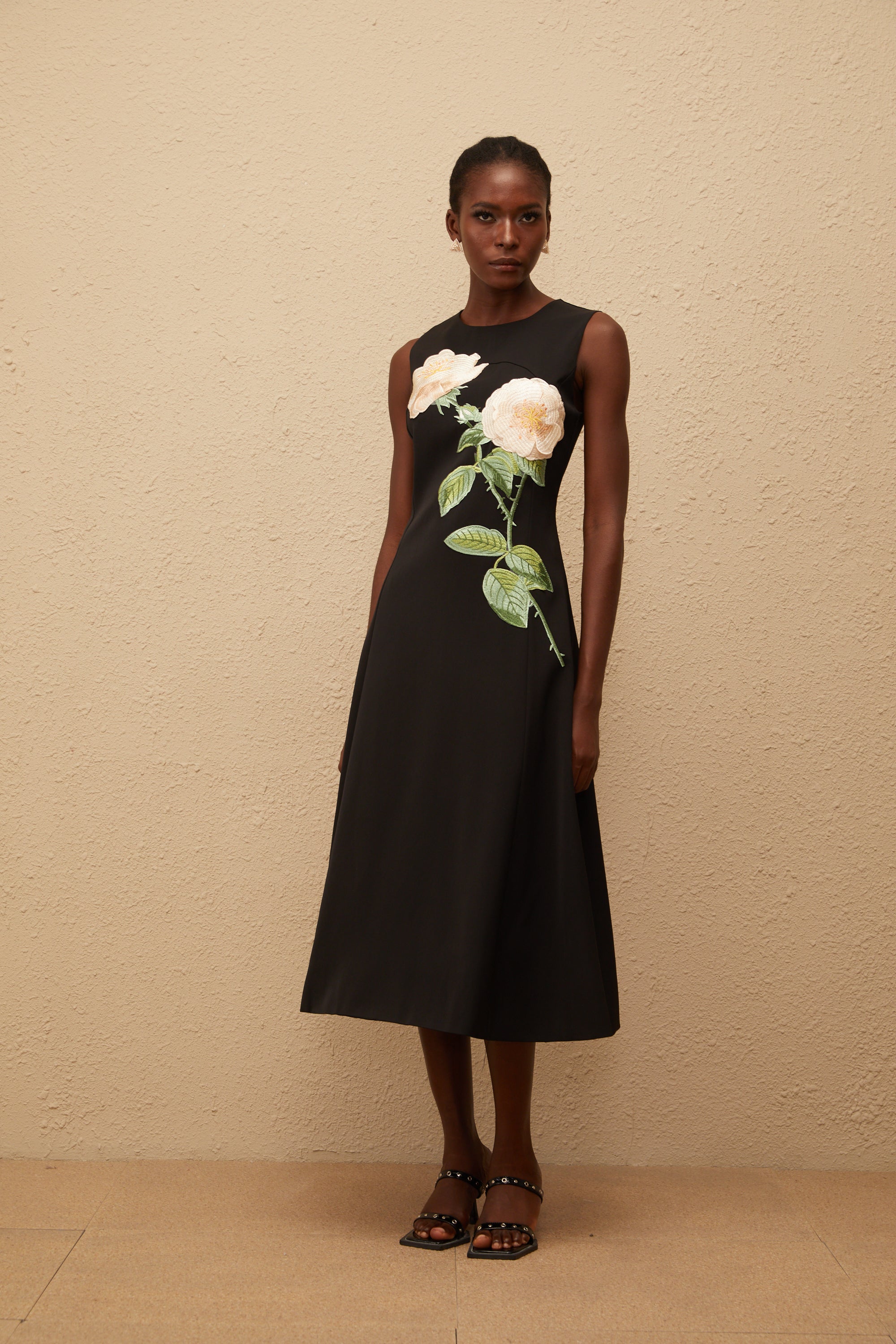 Mackenzie Black Floral Embroidered Midi Dress