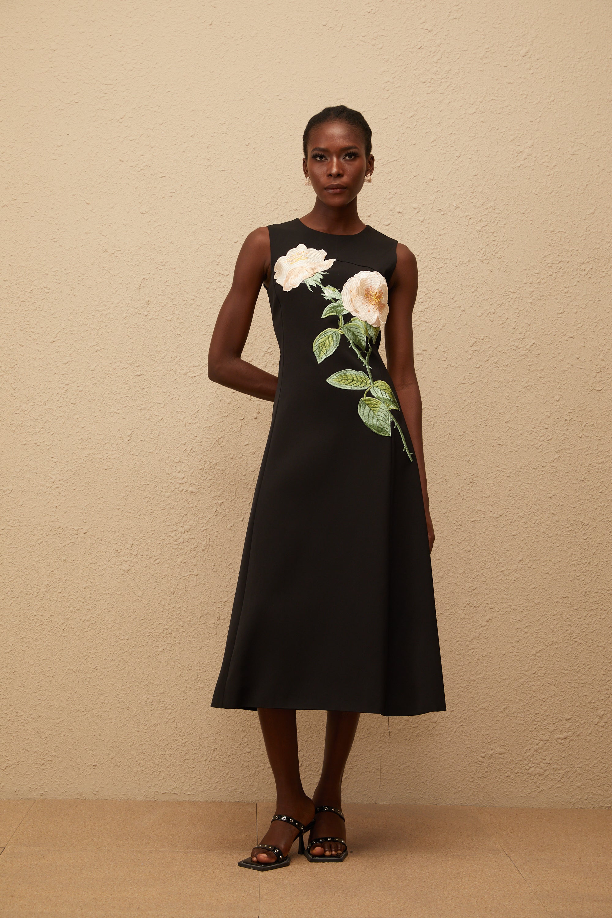 Mackenzie Black Floral Embroidered Midi Dress