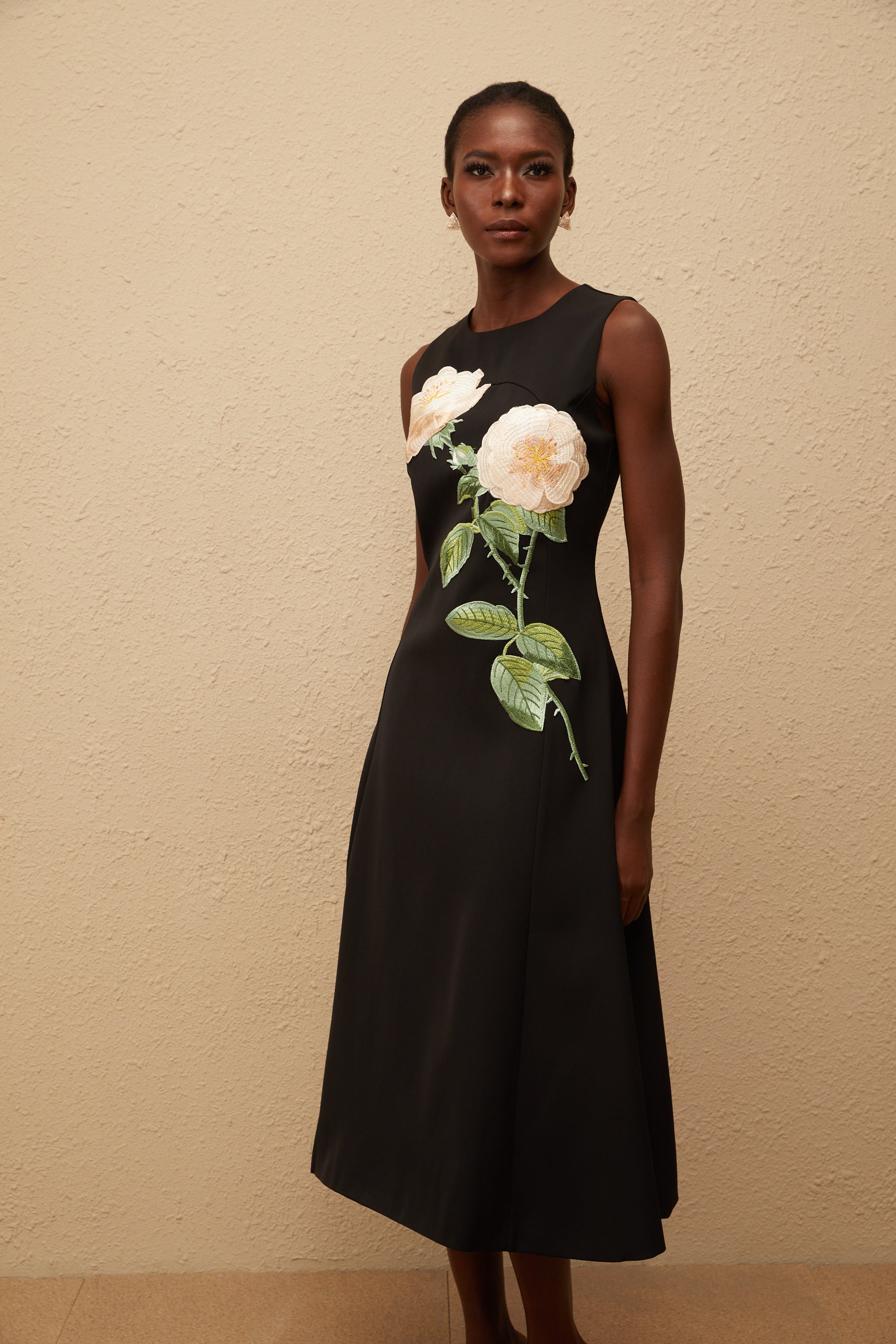 Mackenzie Black Floral Embroidered Midi Dress