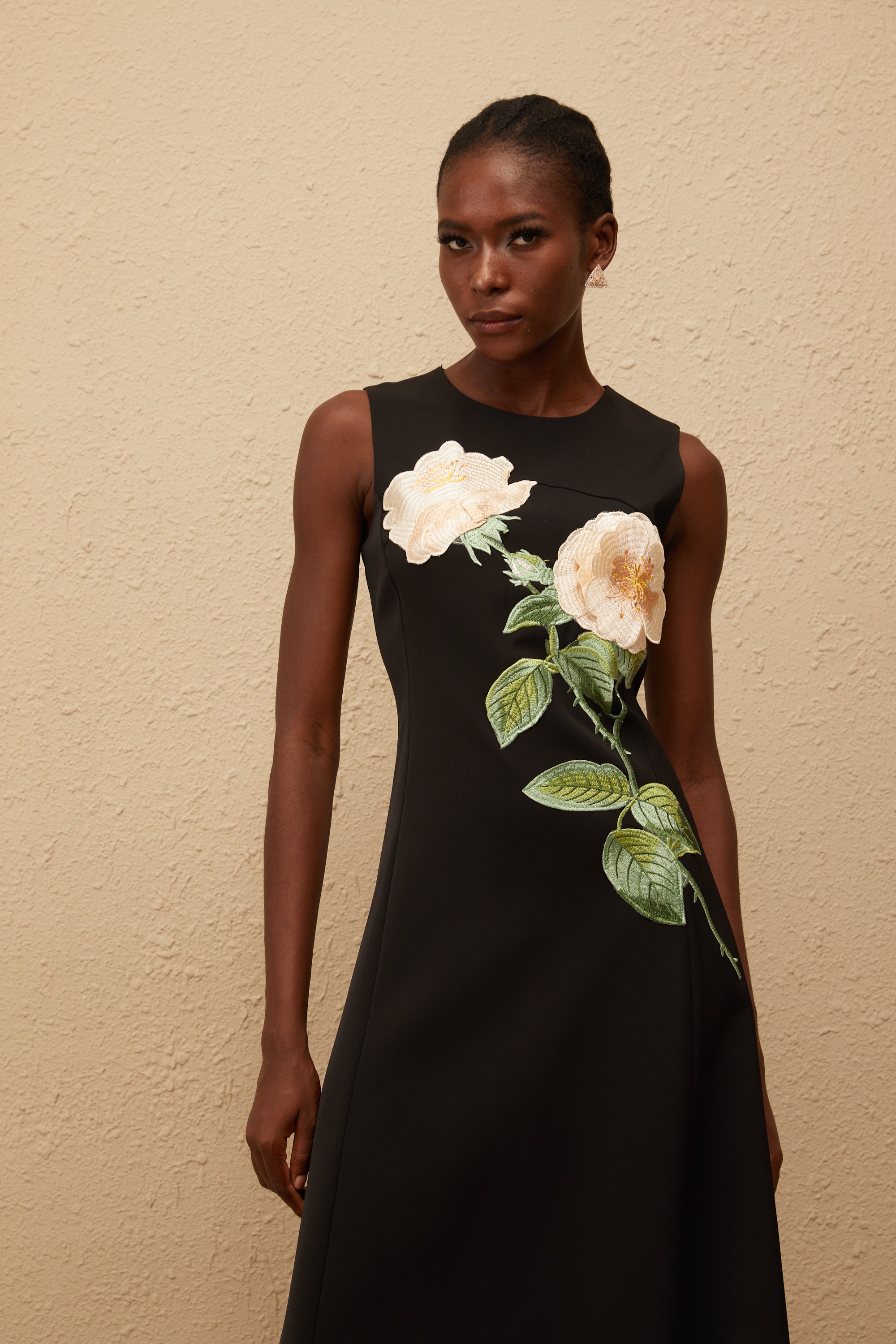 Mackenzie Black Floral Embroidered Midi Dress