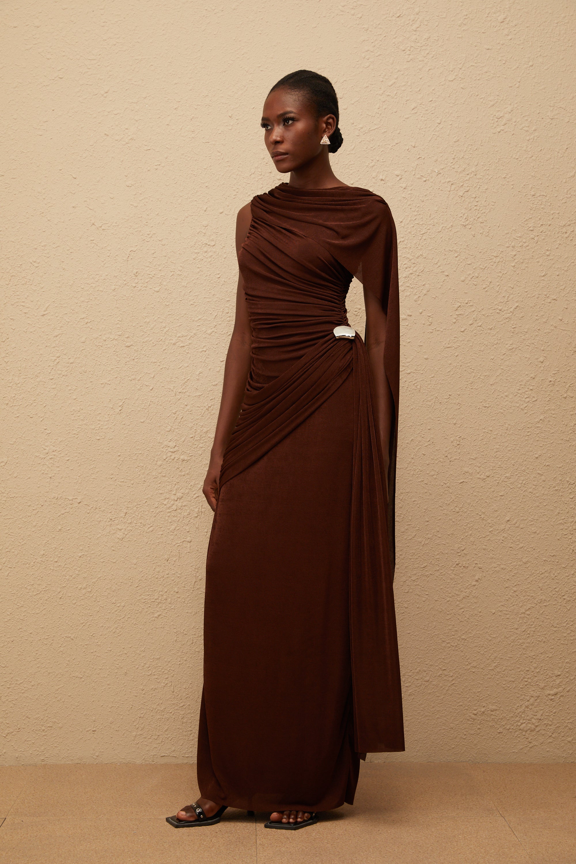 Paloma Brown Sleeveless Asymmetrical Ruched Knit Maxi Dress