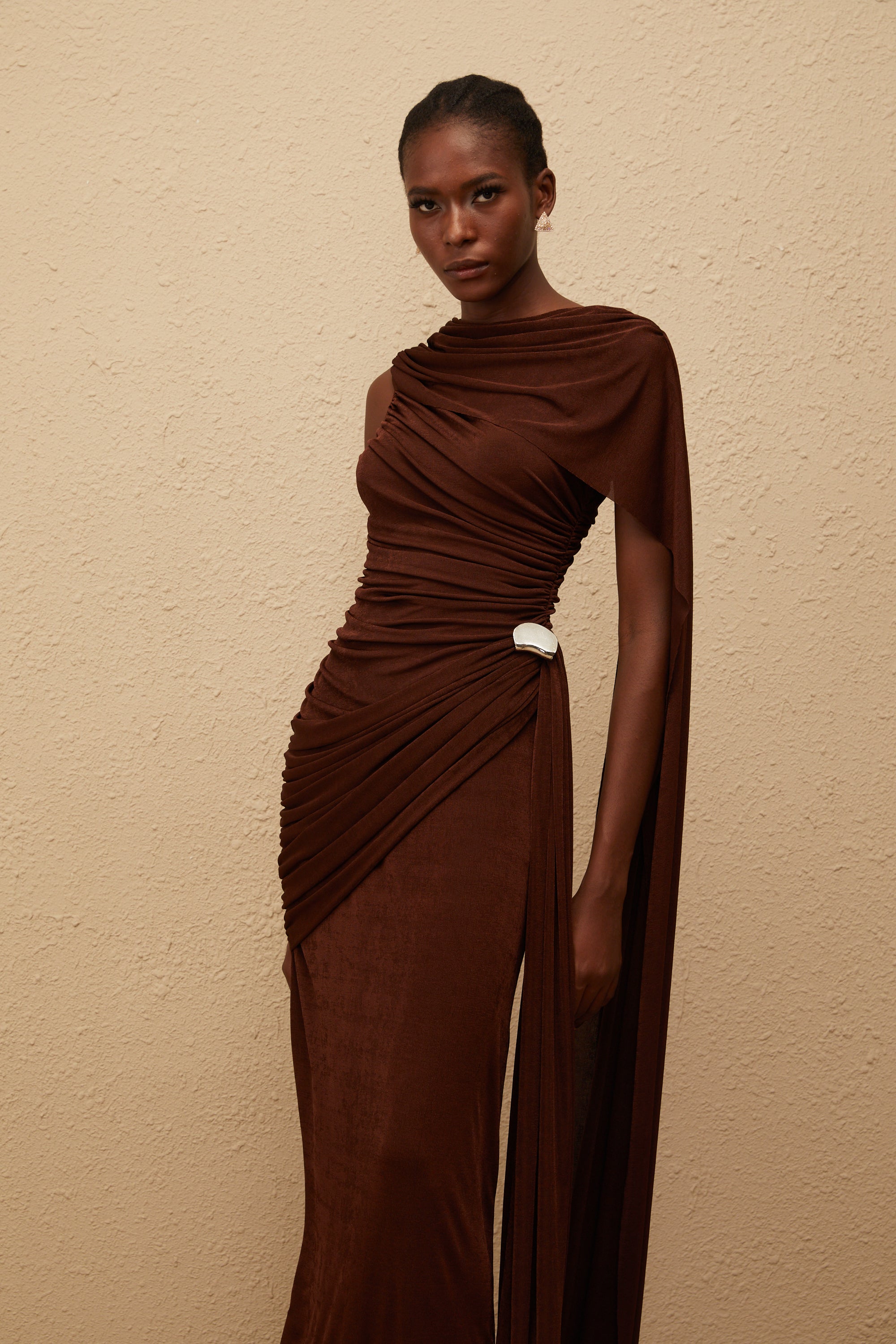 Paloma Brown Sleeveless Asymmetrical Ruched Knit Maxi Dress