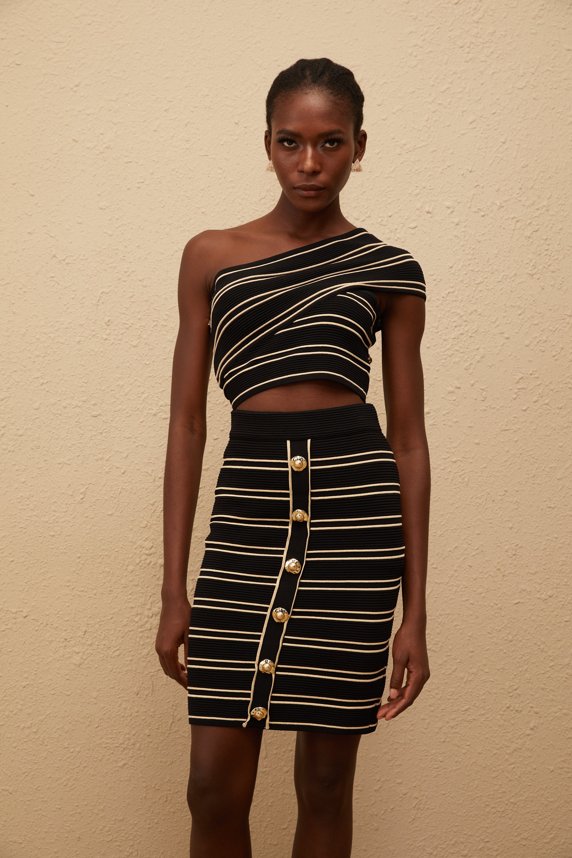 Faustine Black Striped Knit Top & Skirt Set