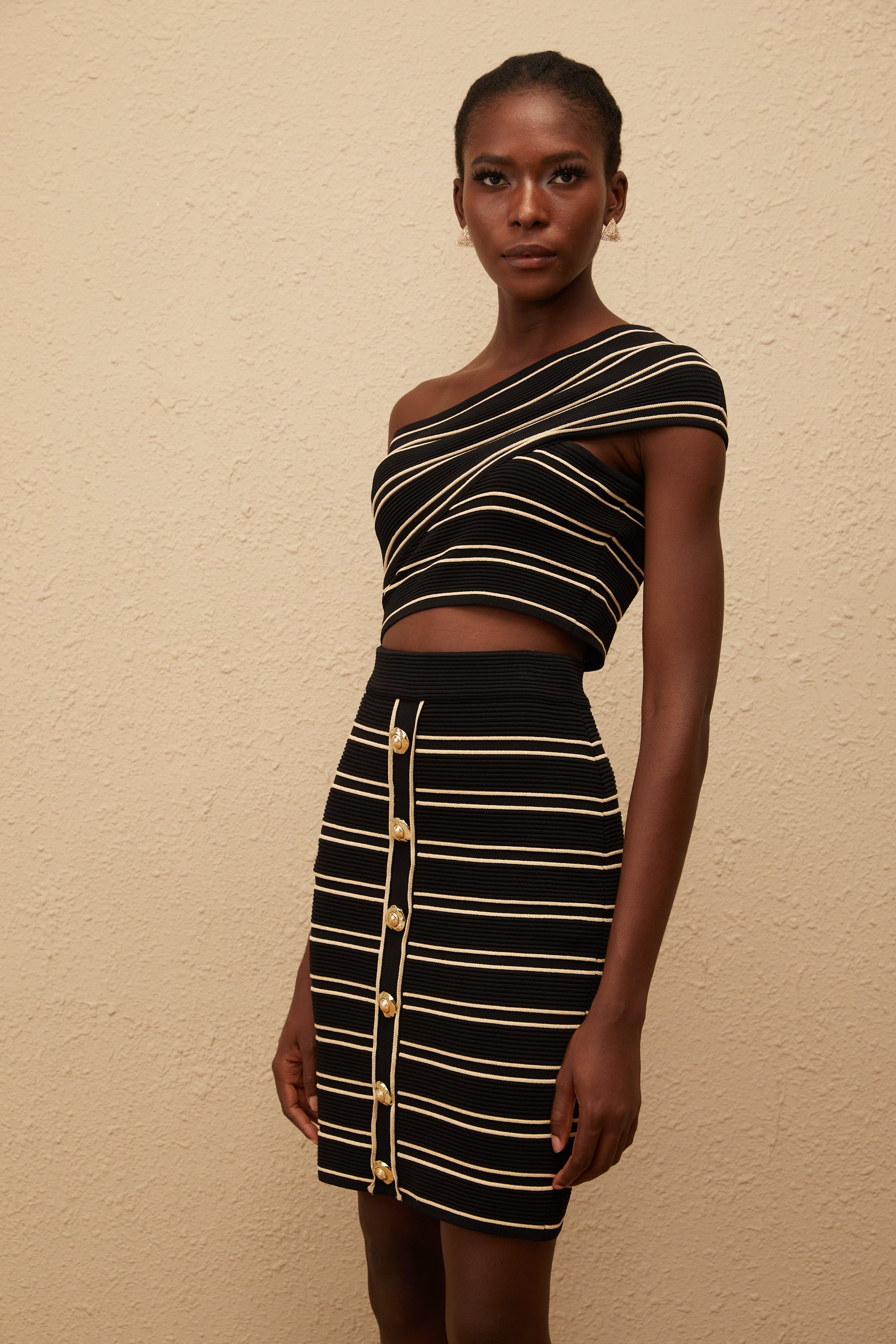 Faustine Black Striped Knit Top & Skirt Set