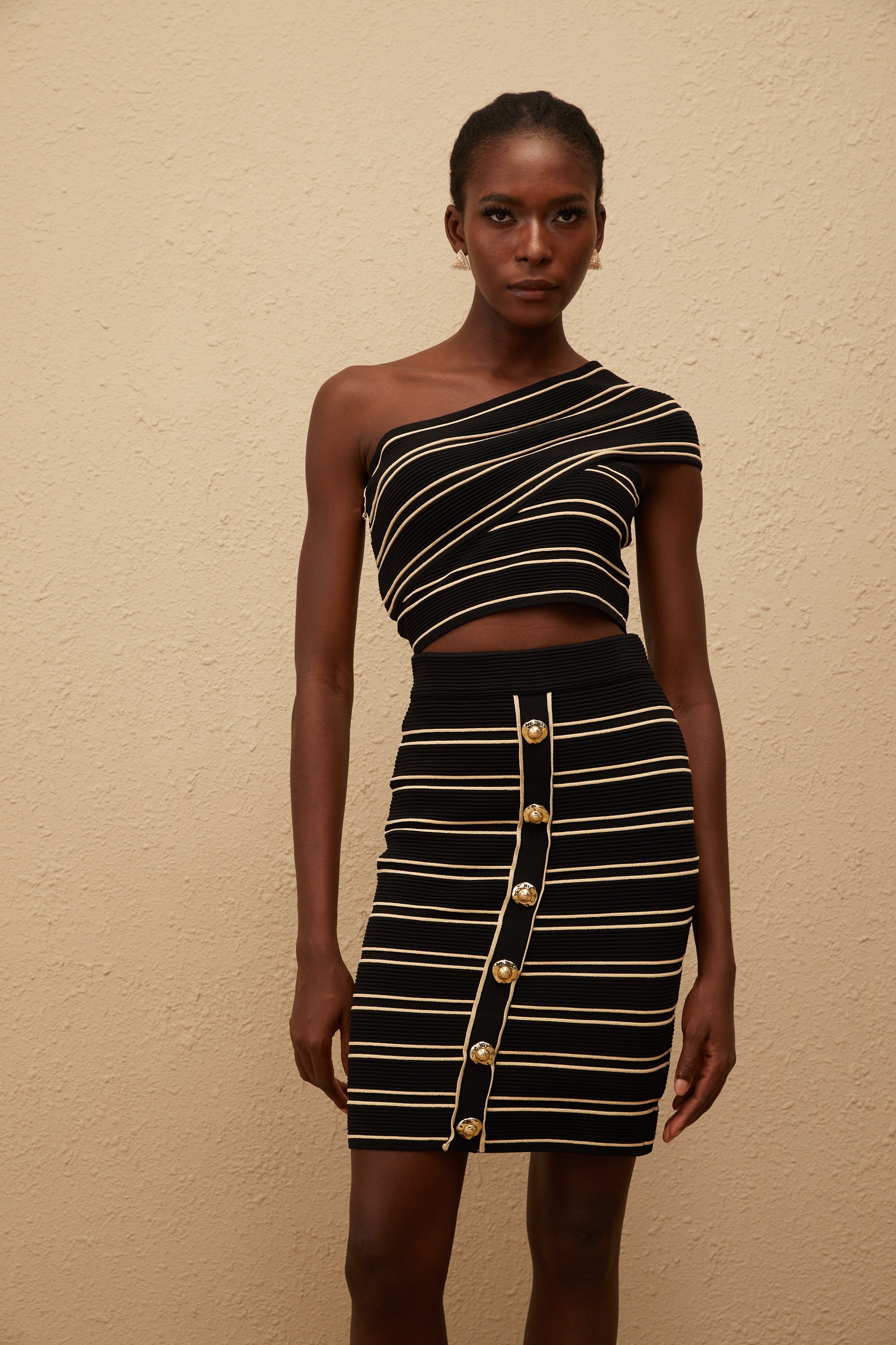 Faustine Black Striped Knit Top & Skirt Set