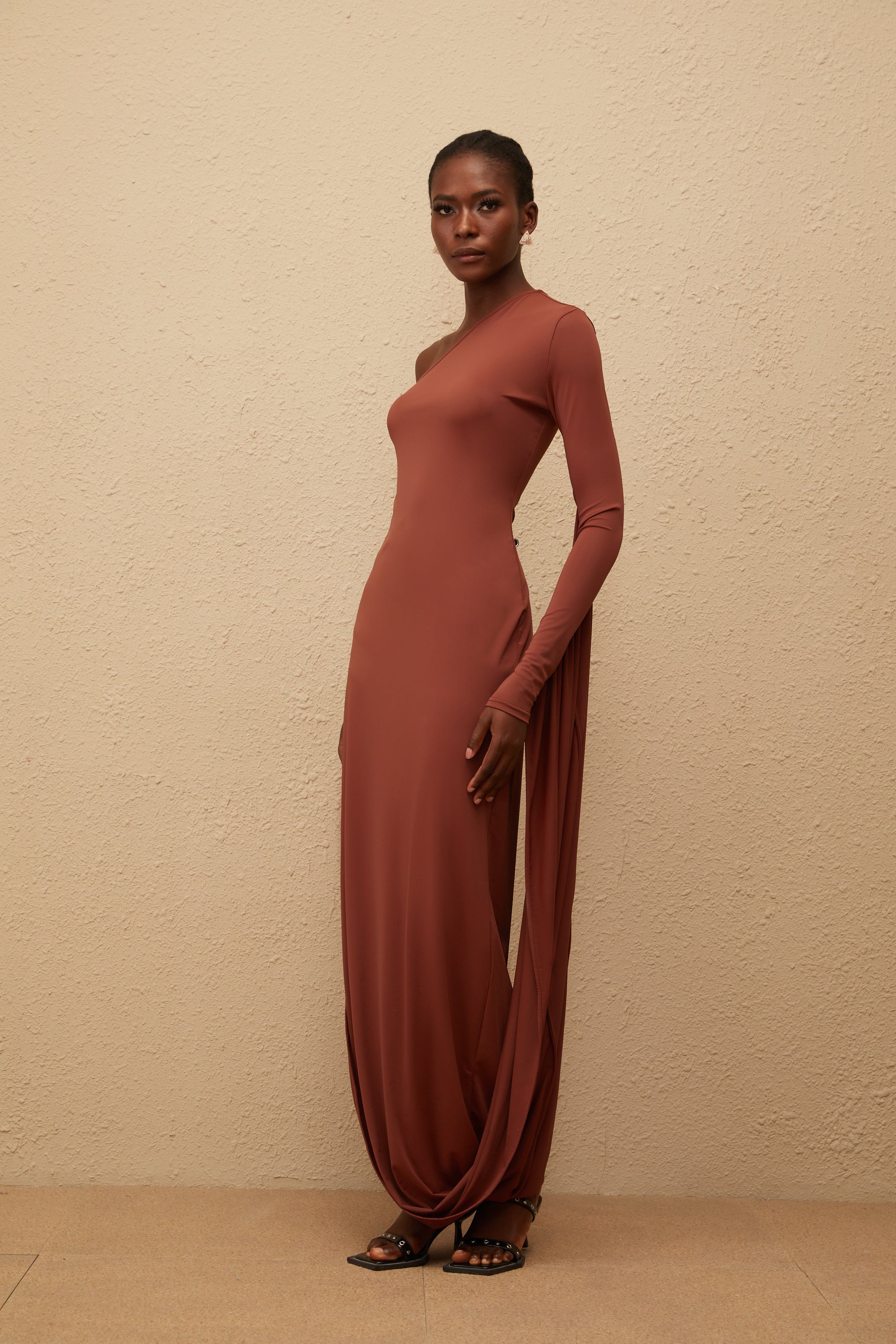 Aikaterini Brown Asymmetrical Draped Panel Midi Dress