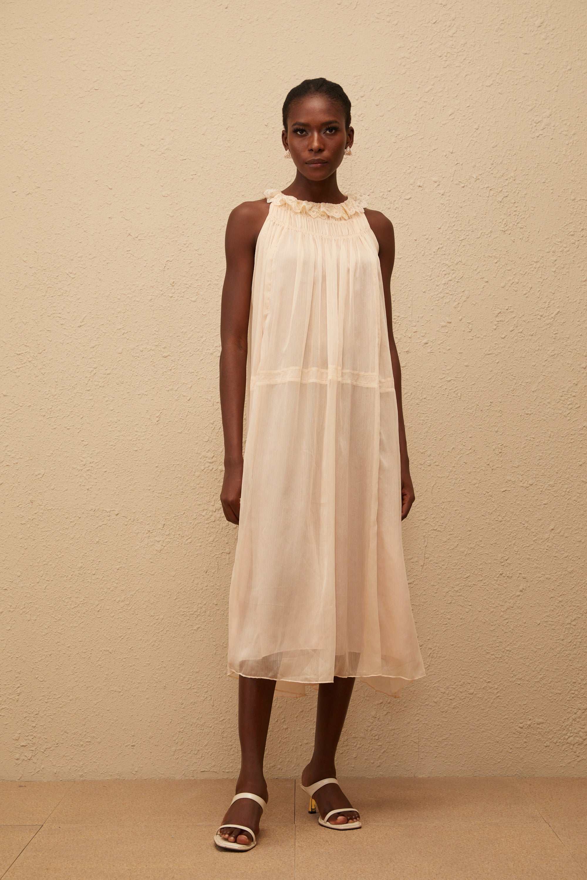 Orélie Neutral Pleated Chiffon Midi Dress