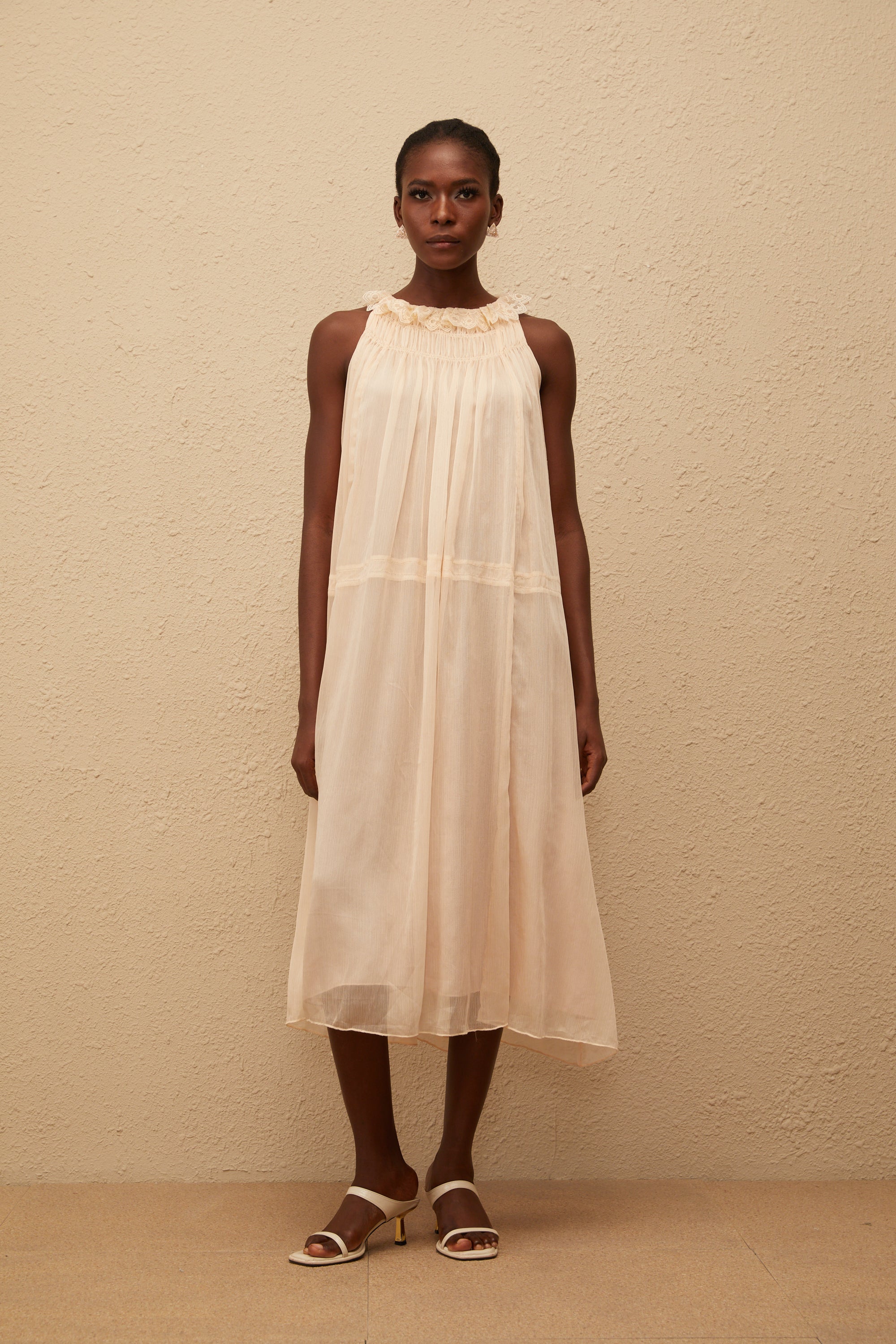 Orélie Neutral Pleated Chiffon Midi Dress