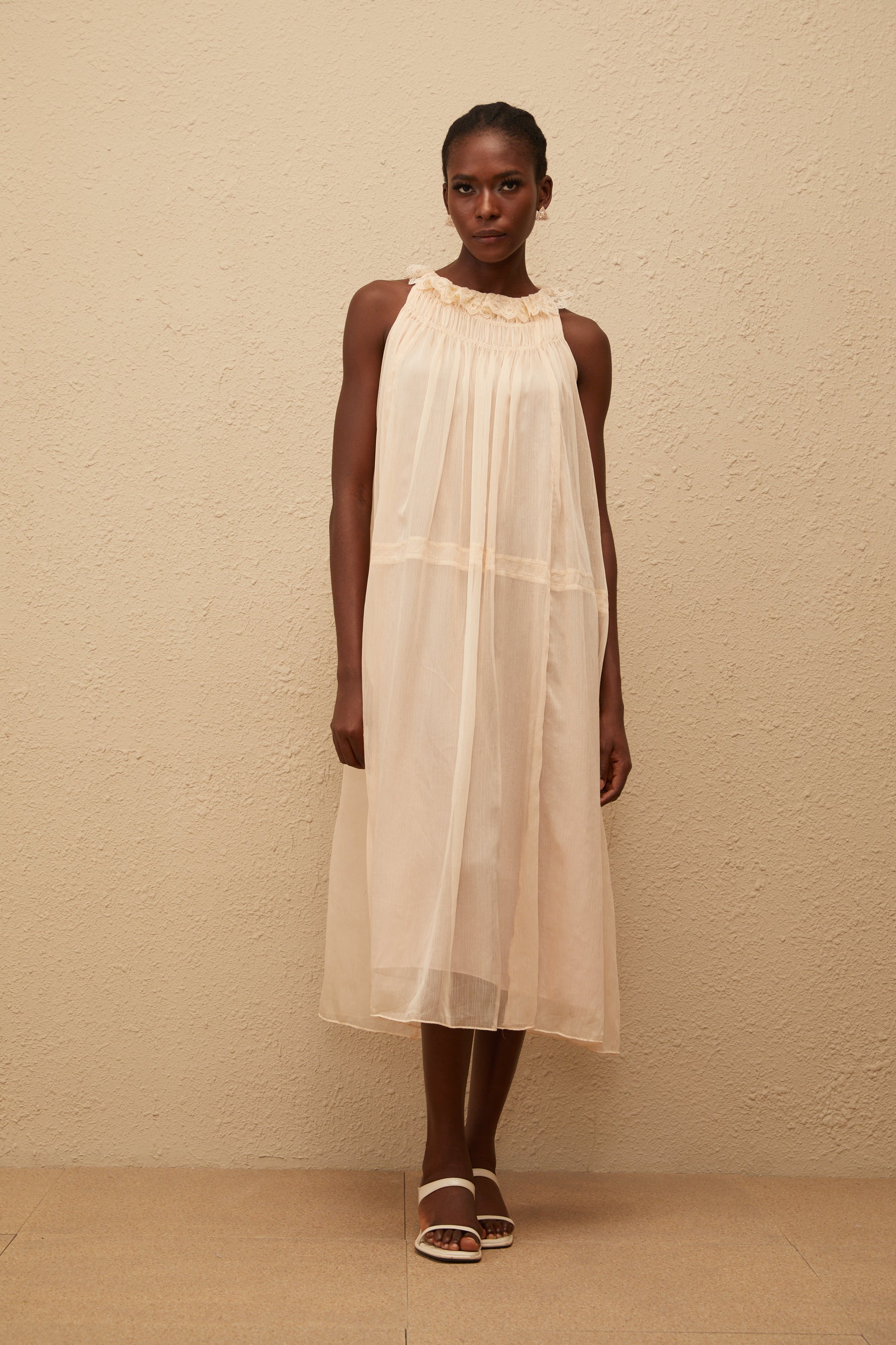 Orélie Neutral Pleated Chiffon Midi Dress