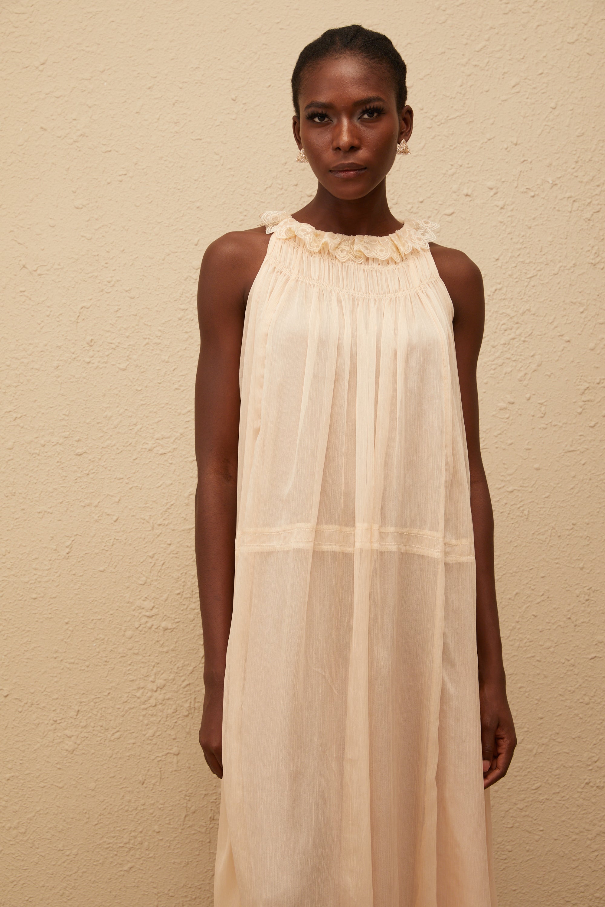 Orélie Neutral Pleated Chiffon Midi Dress