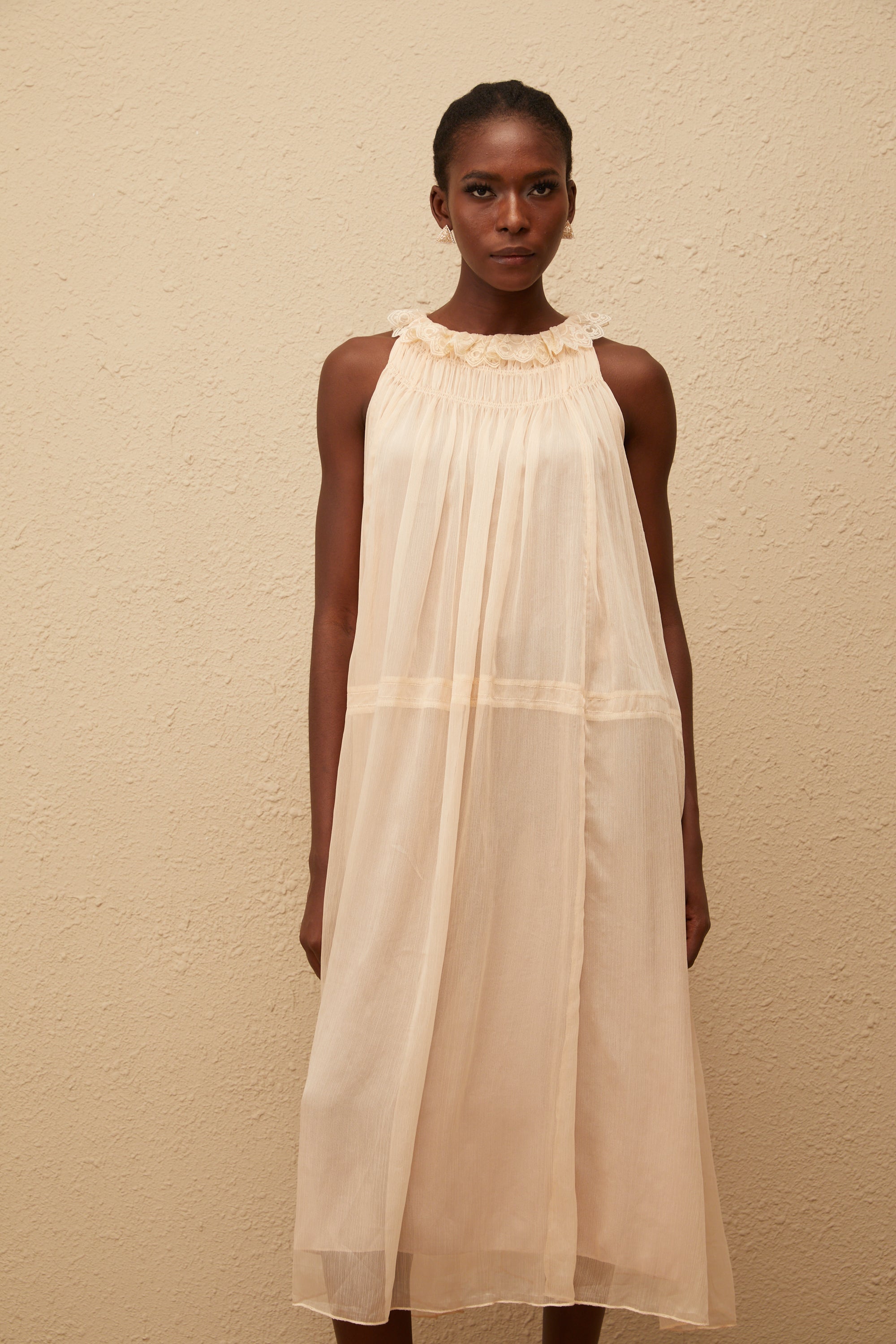 Orélie Neutral Pleated Chiffon Midi Dress